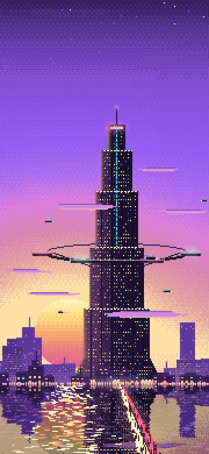 Purple Pixel Art Cyberpunk Megatower at Dusk wallpaper for iPhone and Android