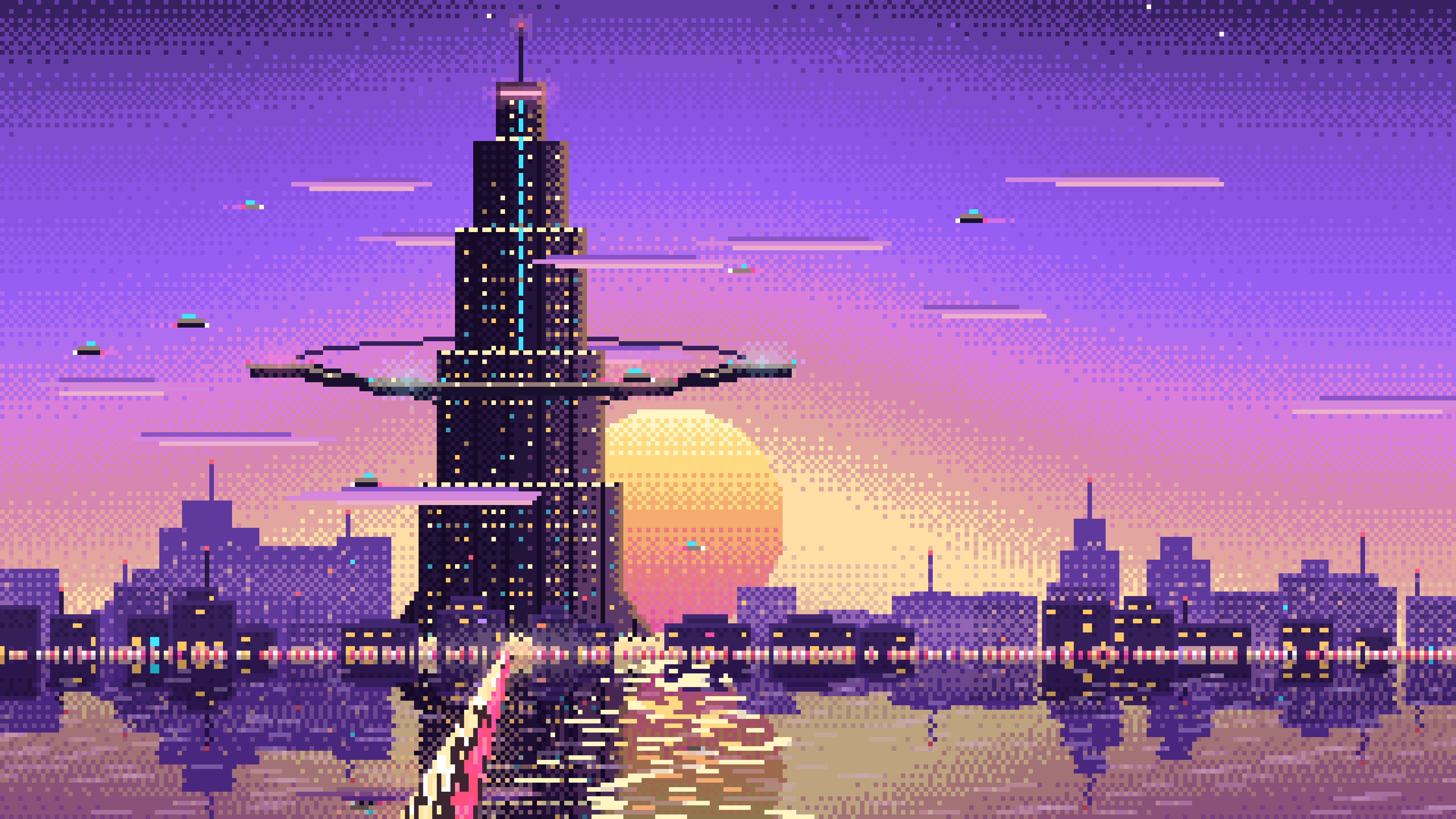 Purple Pixel Art Cyberpunk Megatower at Dusk desktop wallpaper in 4K