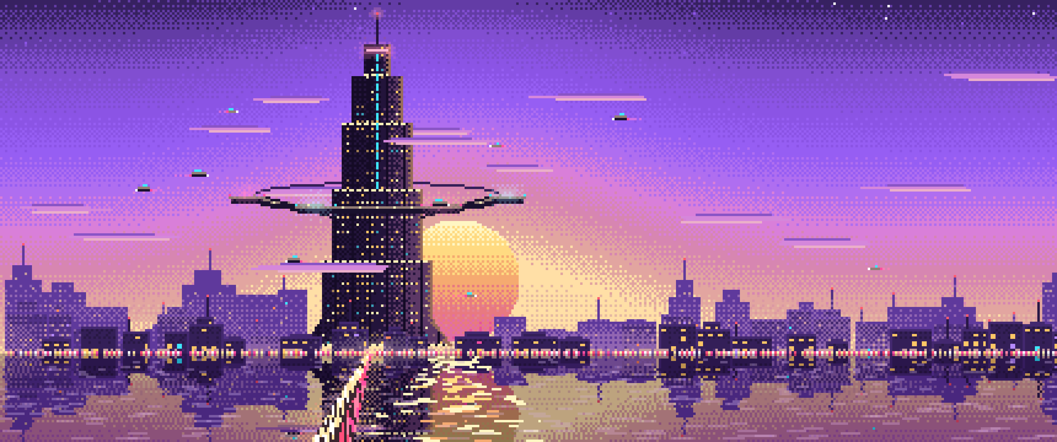 Purple Pixel Art Cyberpunk Megatower at Dusk ultrawide wallpaper, 3440 × 1440