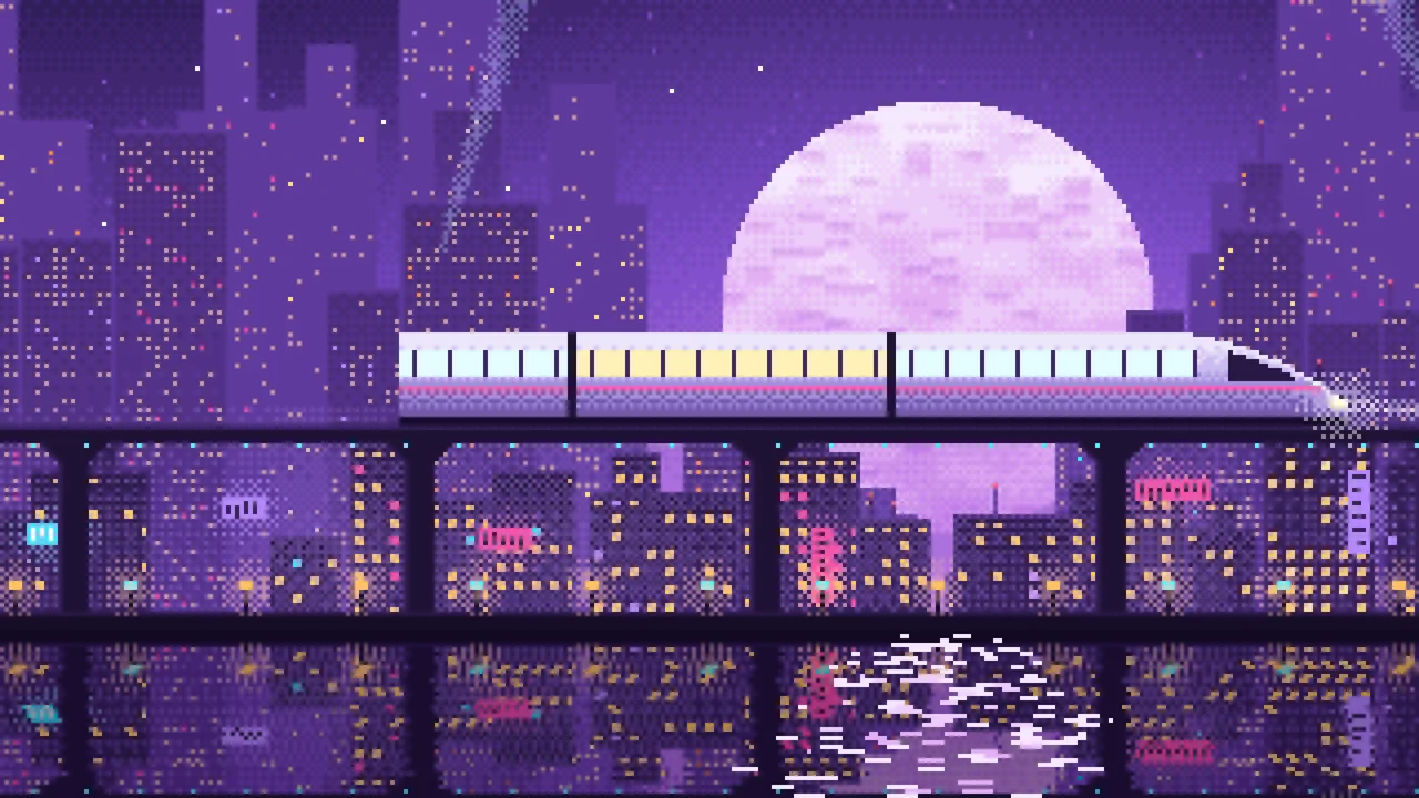 Purple Pixel Art Cyberpunk Monorail and Moon desktop wallpaper in 4K