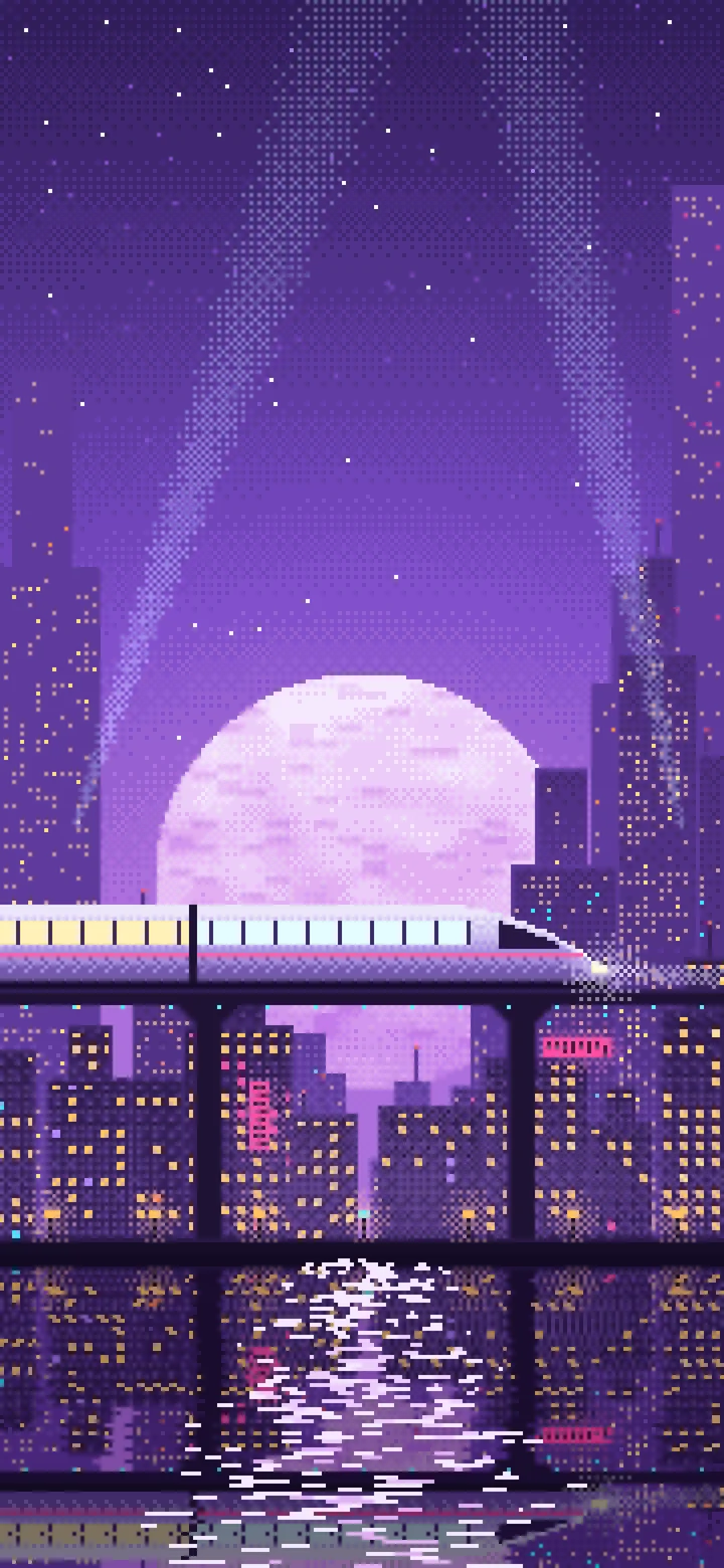 Purple Pixel Art Cyberpunk Monorail and Moon wallpaper for iPhone and Android