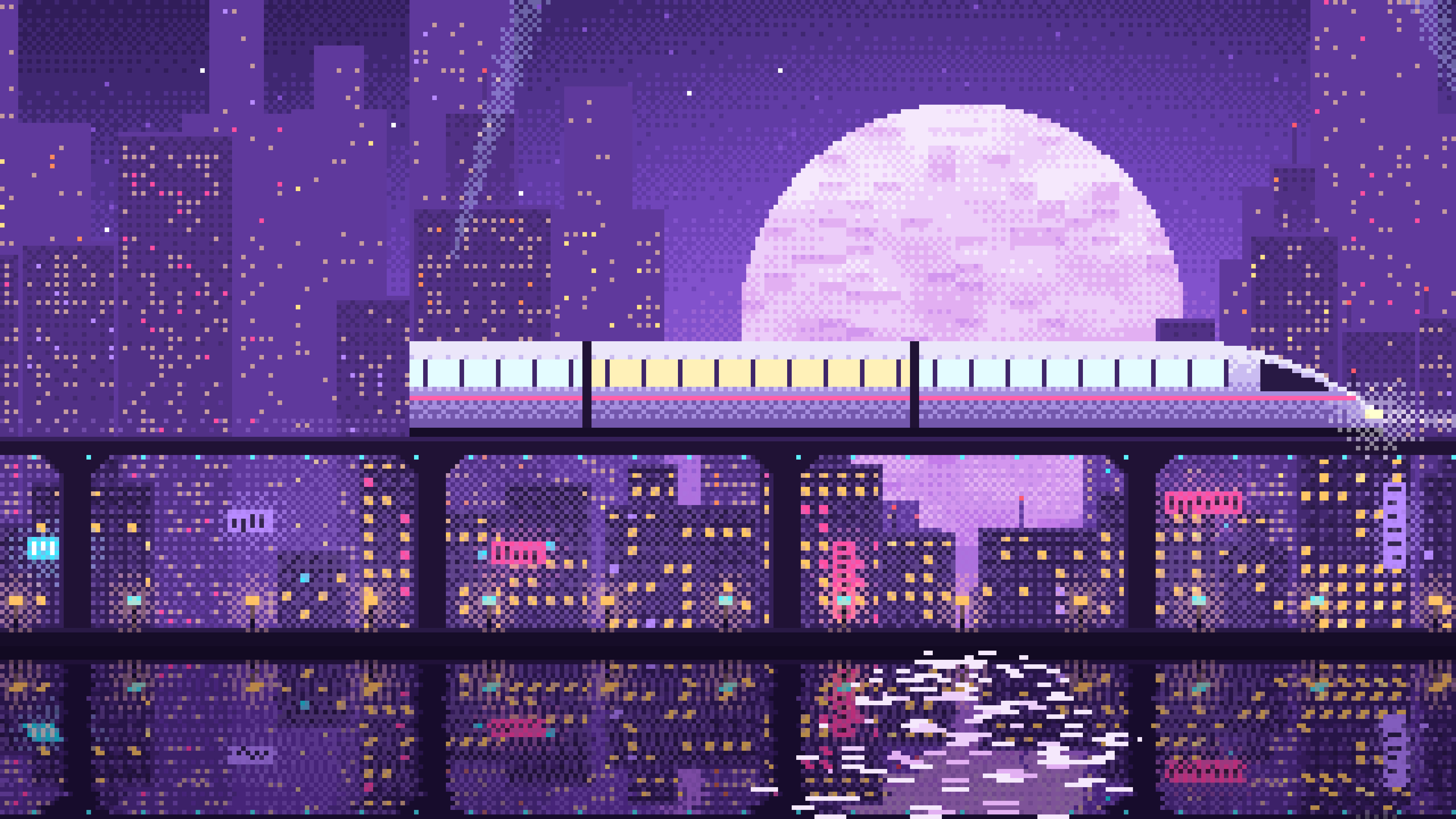 Purple Pixel Art Cyberpunk Monorail and Moon desktop wallpaper in 4K
