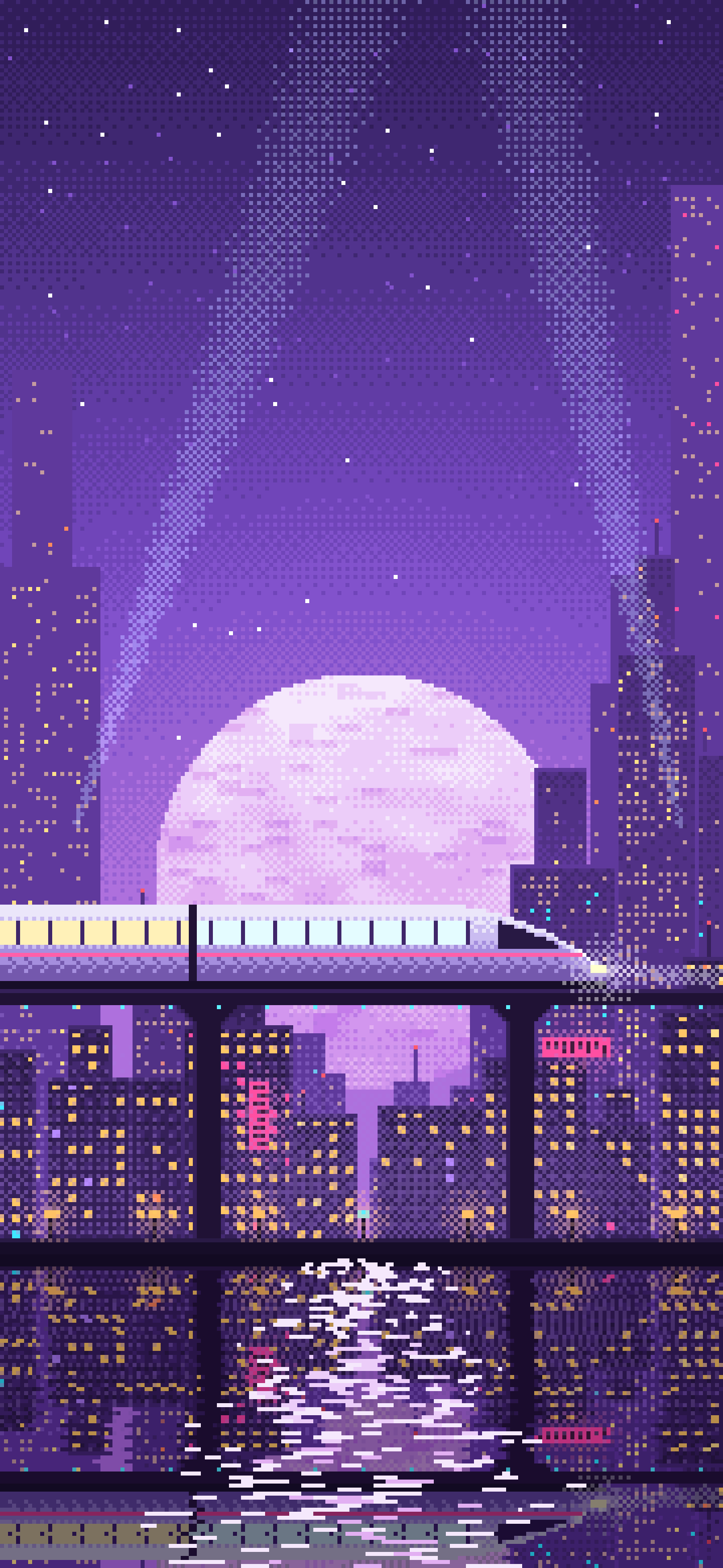 Purple Pixel Art Cyberpunk Monorail and Moon wallpaper for iPhone and Android