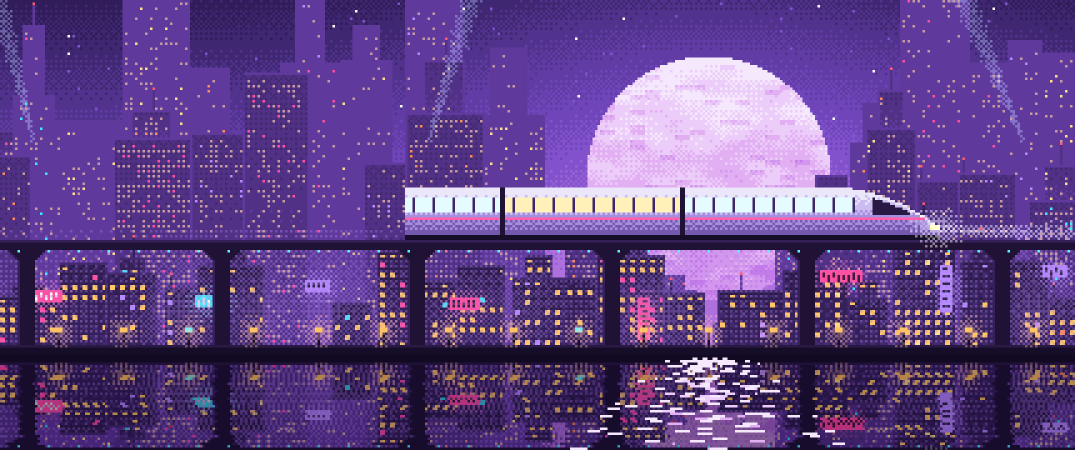 Purple Pixel Art Cyberpunk Monorail and Moon ultrawide wallpaper, 3440 × 1440