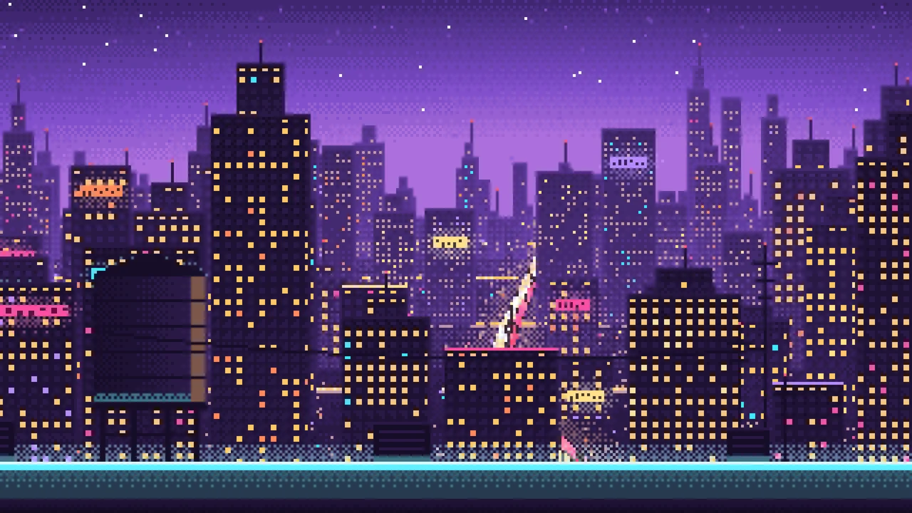 Purple Pixel Art Cyberpunk Rooftop City View desktop wallpaper in 4K
