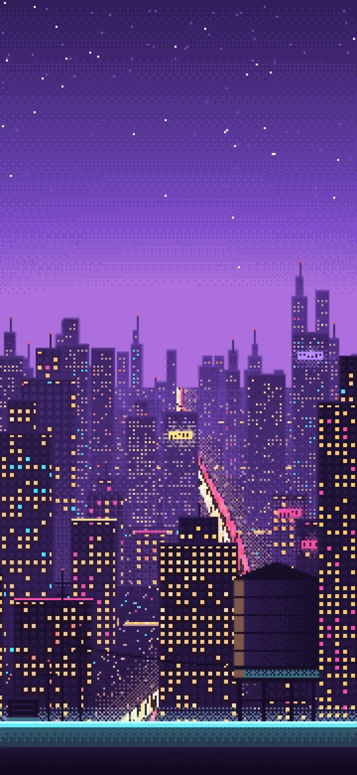 Purple Pixel Art Cyberpunk Rooftop City View wallpaper for iPhone and Android
