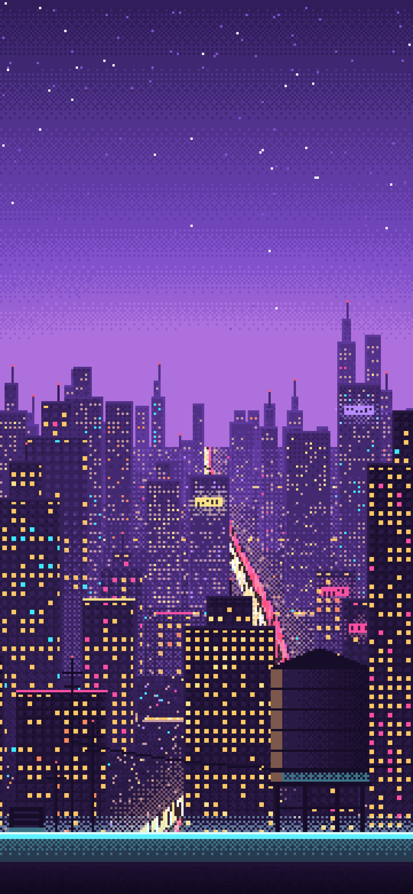 Purple Pixel Art Cyberpunk Rooftop City View wallpaper for iPhone and Android