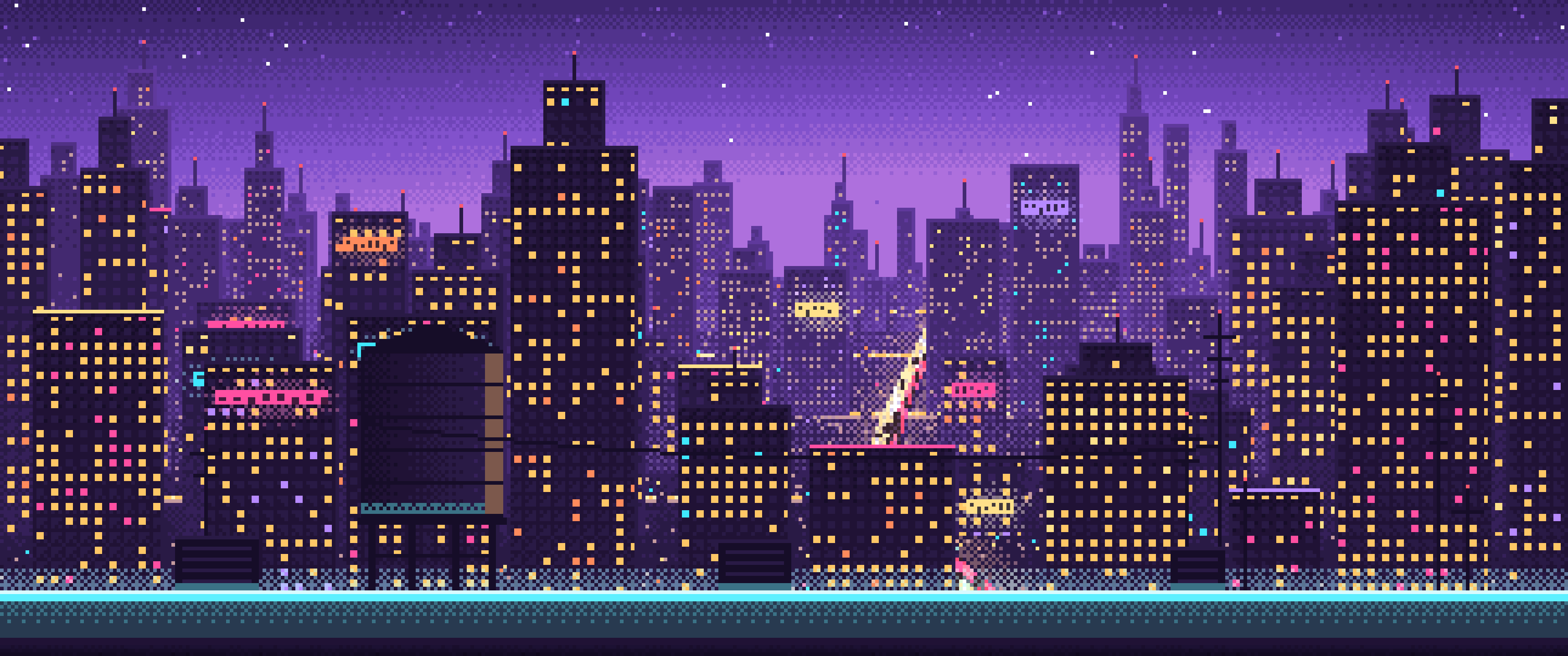 Purple Pixel Art Cyberpunk Rooftop City View ultrawide wallpaper, 3440 × 1440