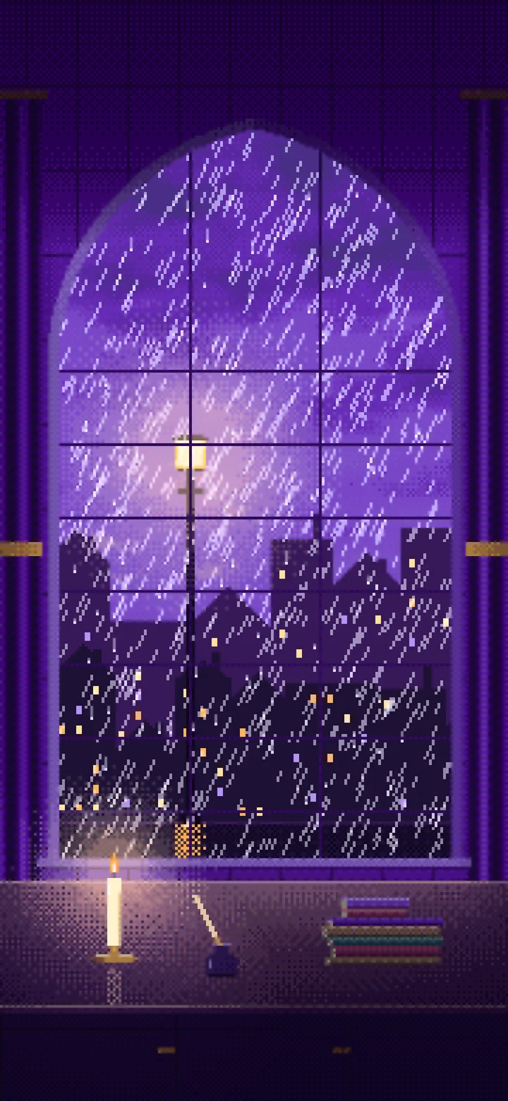 Purple Pixel Art Dark Academia Study Window in the Rain wallpaper for iPhone and Android