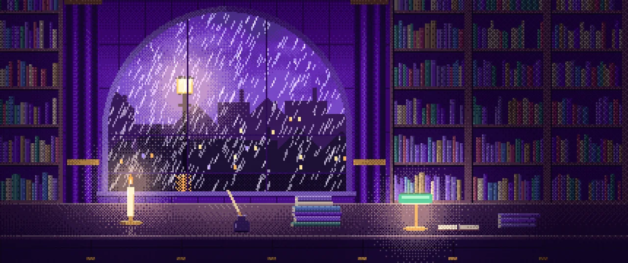 Purple Pixel Art Dark Academia Study Window in the Rain ultrawide wallpaper, 3440 × 1440