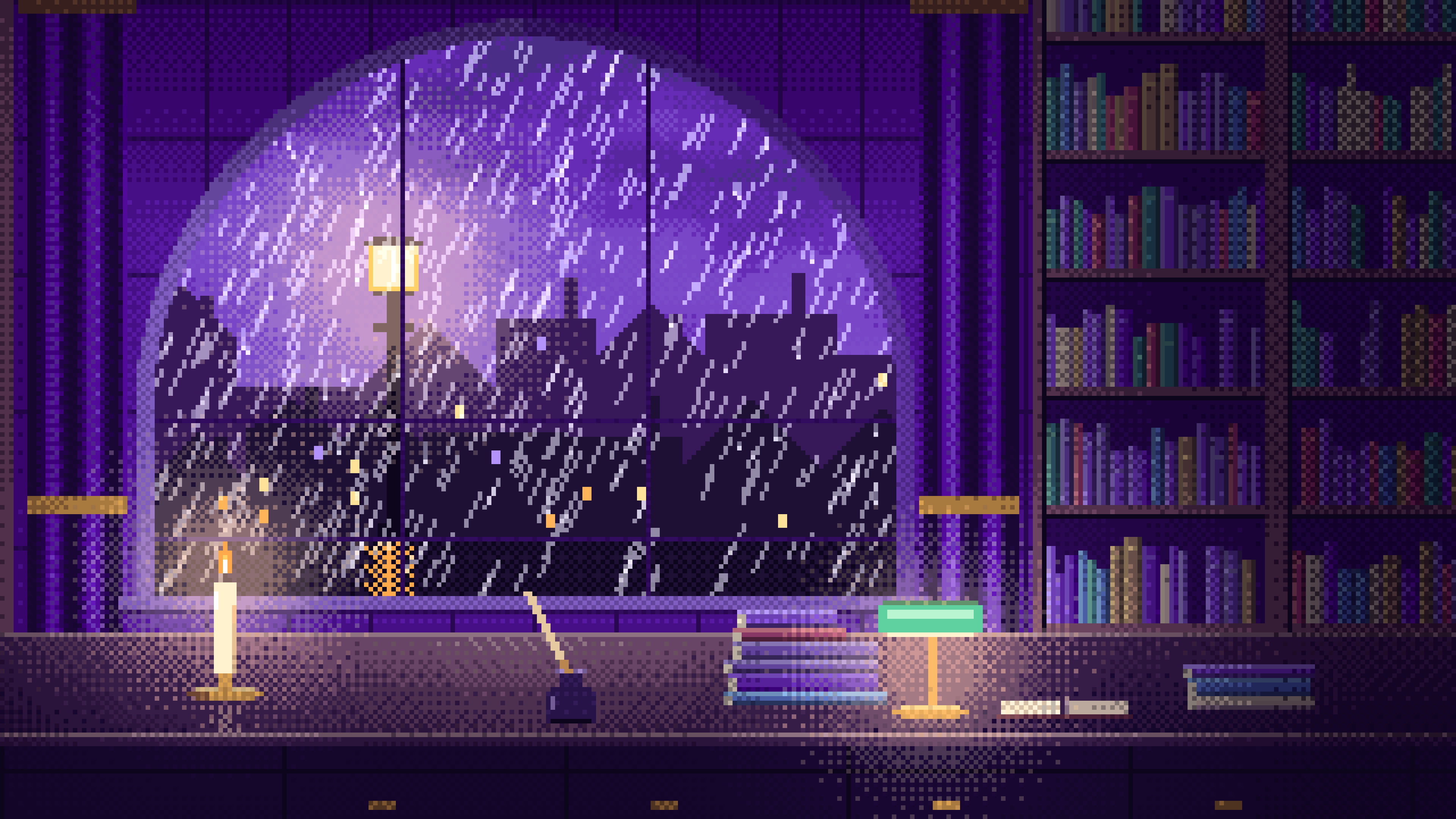 Purple Pixel Art Dark Academia Study Window in the Rain desktop wallpaper in 4K