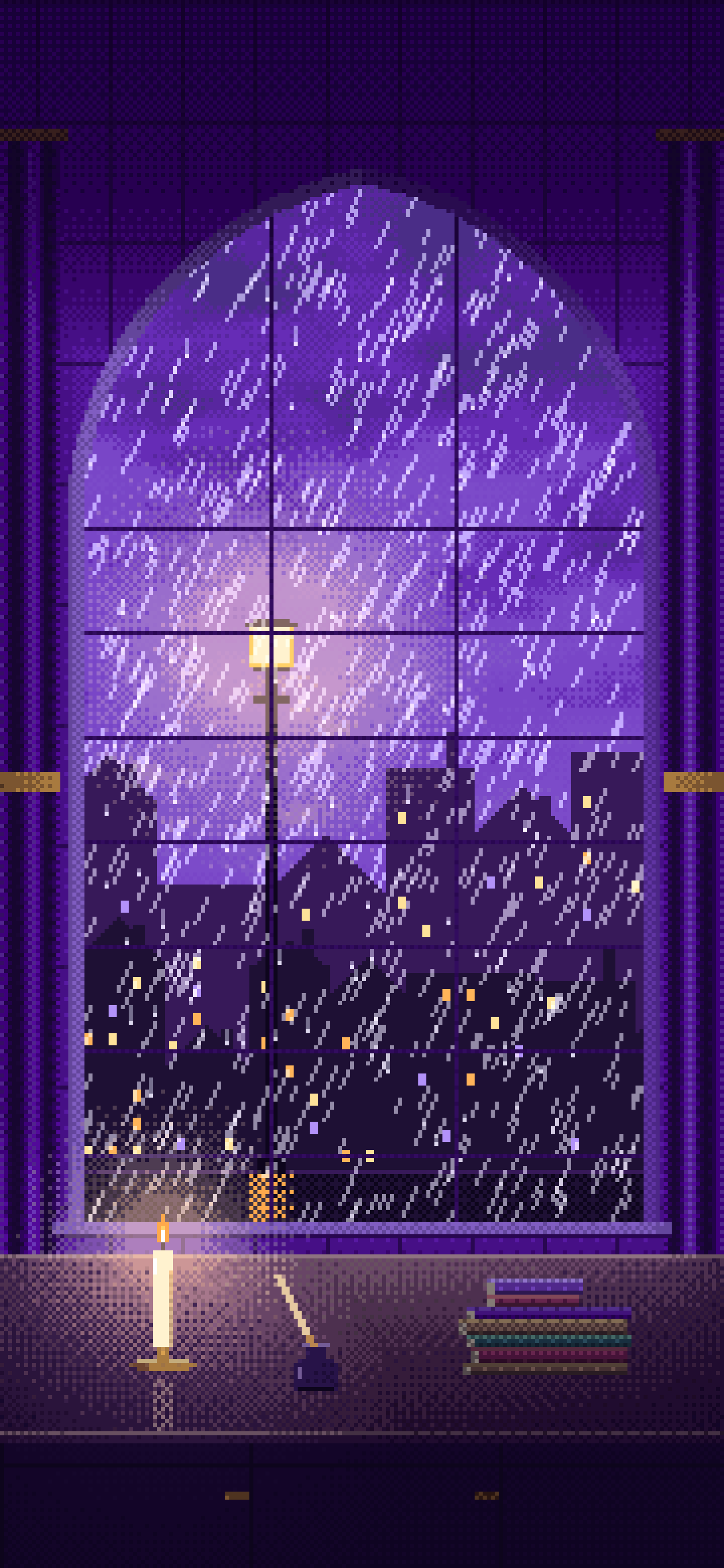 Purple Pixel Art Dark Academia Study Window in the Rain wallpaper for iPhone and Android