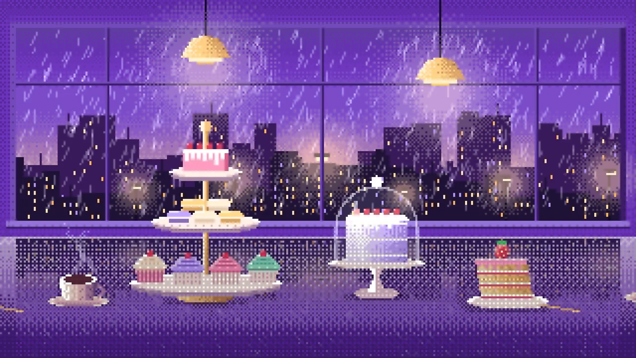 Purple Pixel Art Desserts by a Rainy Window desktop wallpaper in 4K