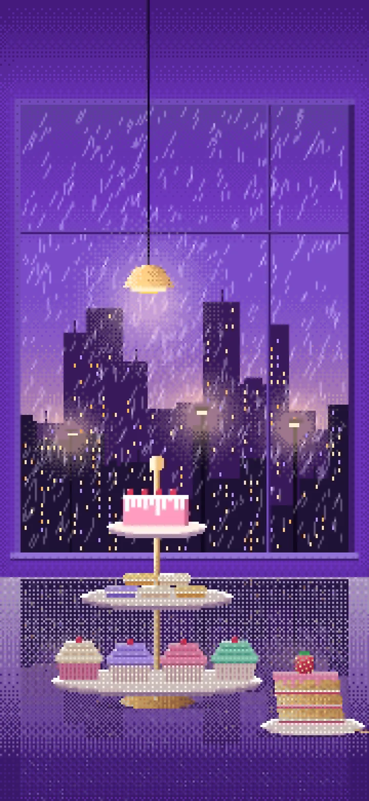 Purple Pixel Art Desserts by a Rainy Window wallpaper for iPhone and Android