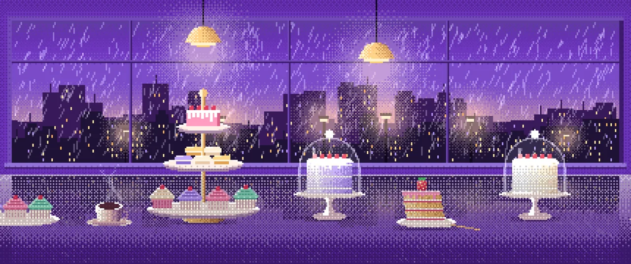 Purple Pixel Art Desserts by a Rainy Window ultrawide wallpaper, 3440 × 1440