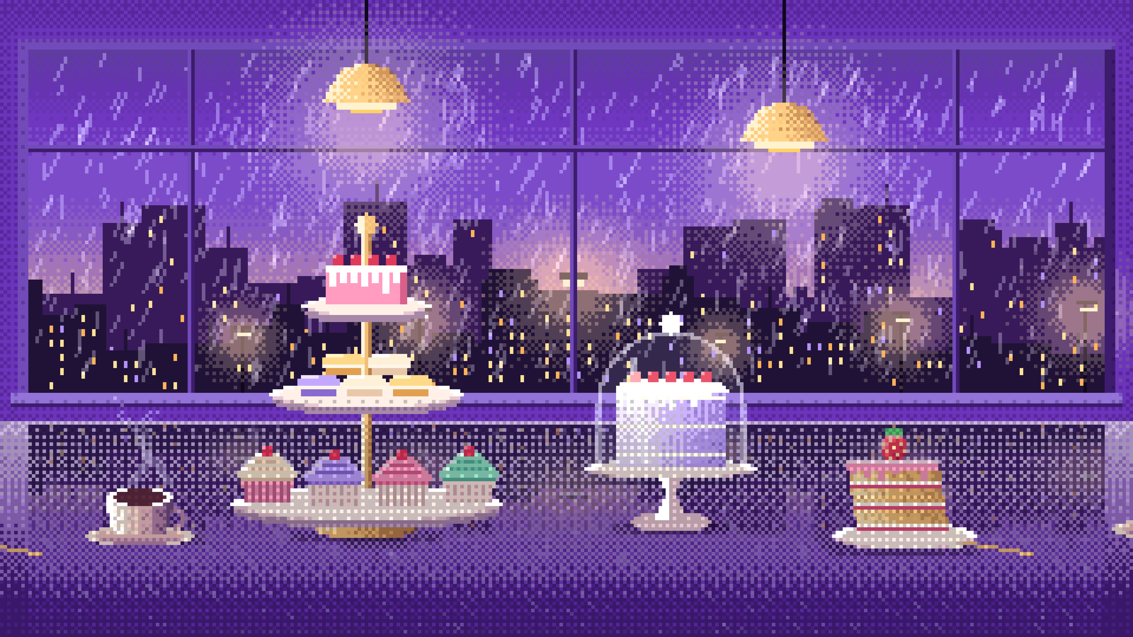 Purple Pixel Art Desserts by a Rainy Window desktop wallpaper in 4K
