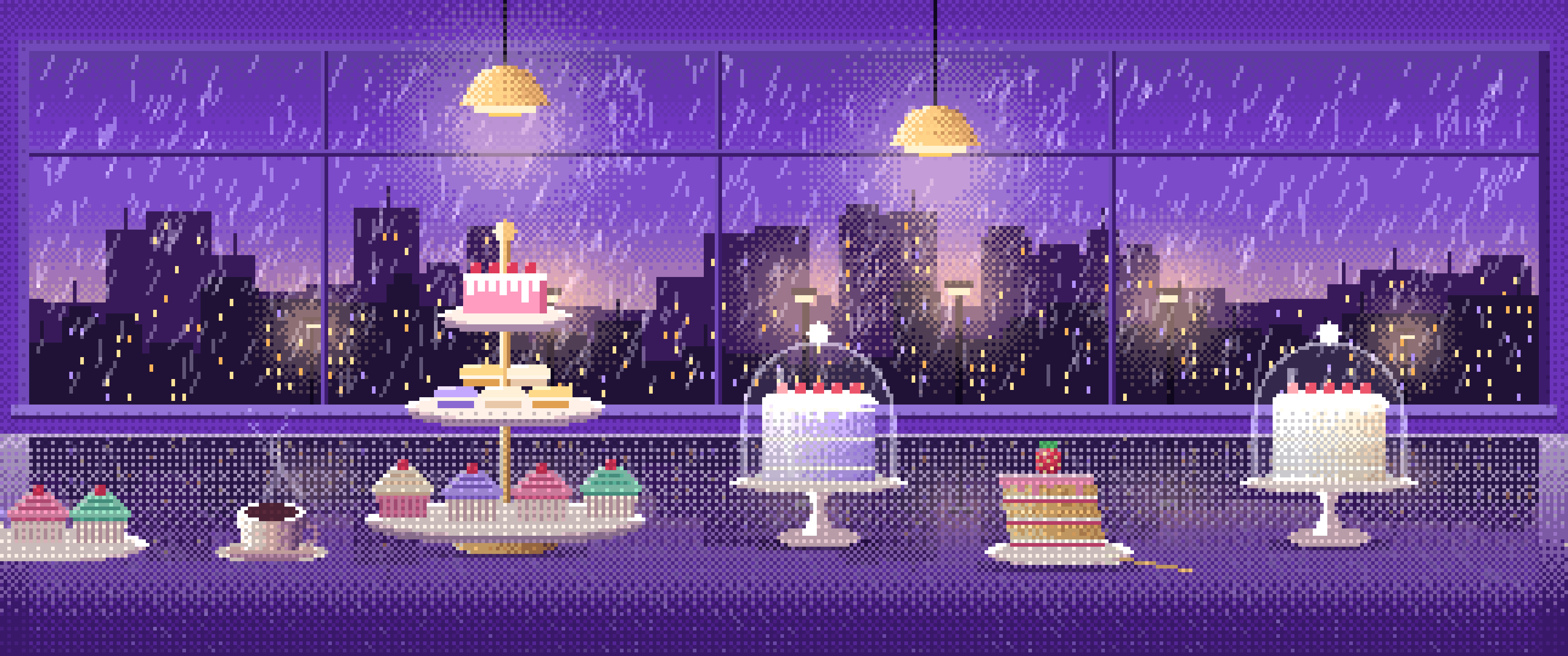 Purple Pixel Art Desserts by a Rainy Window ultrawide wallpaper, 3440 × 1440