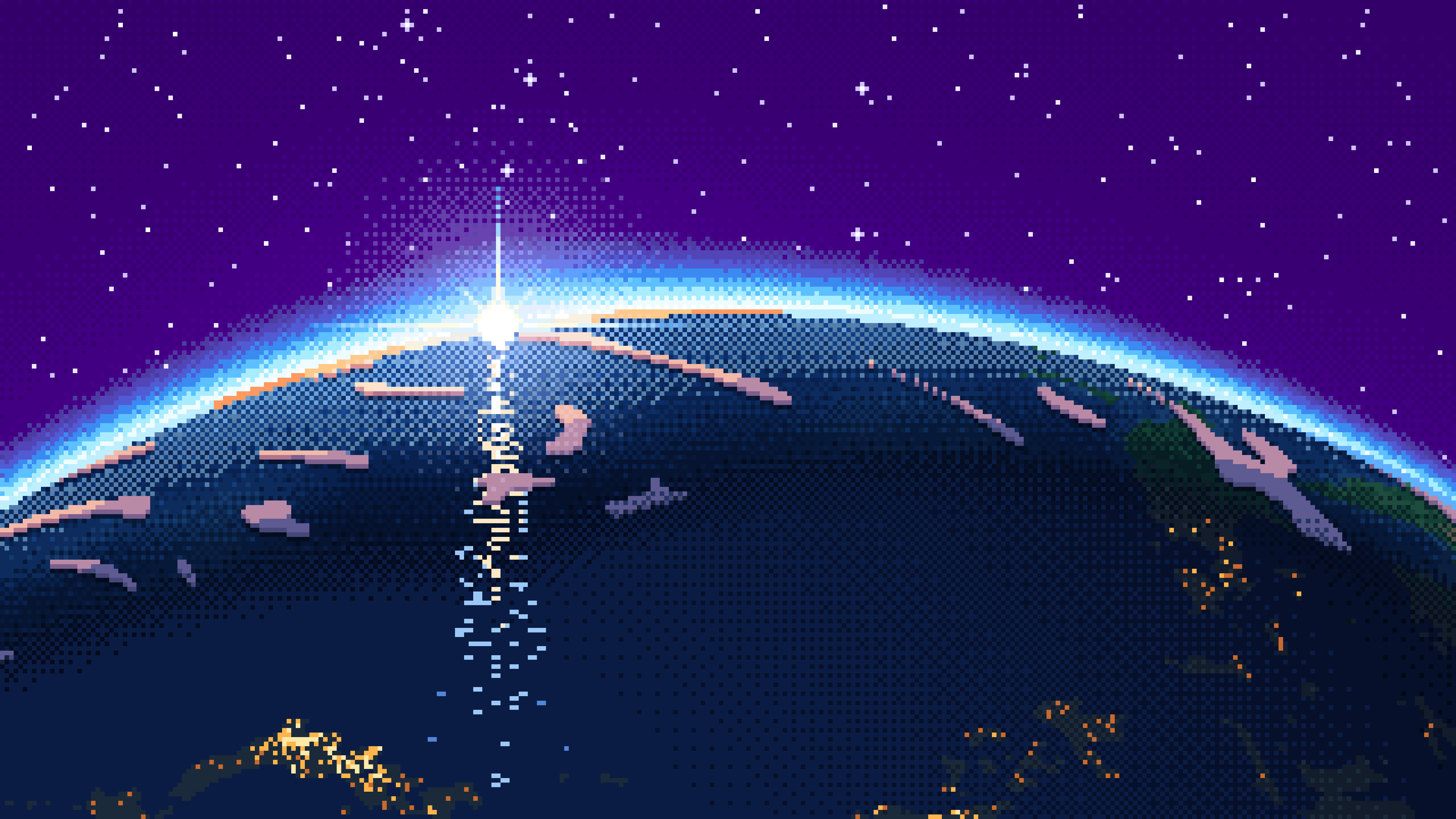 Purple Pixel Art Earth Horizon From Orbit desktop wallpaper in 4K