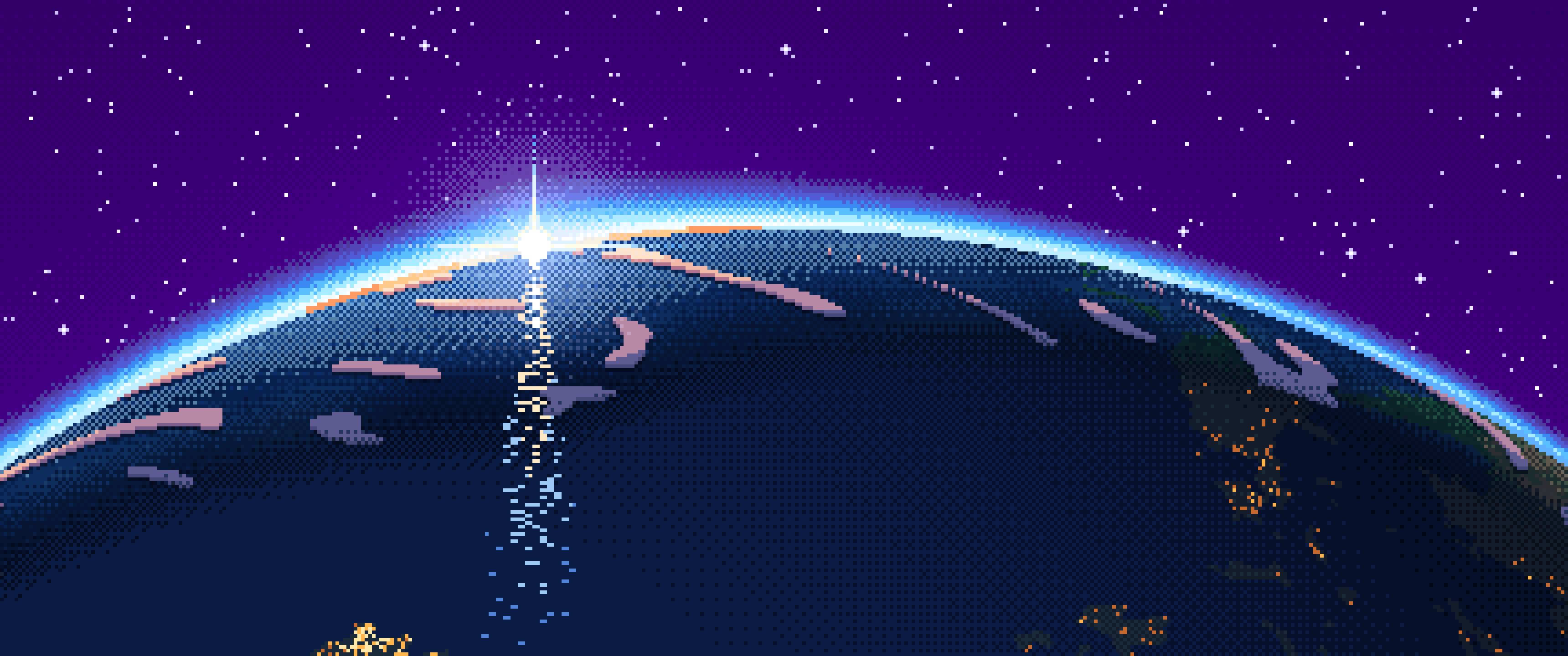 Purple Pixel Art Earth Horizon From Orbit ultrawide wallpaper, 3440 × 1440