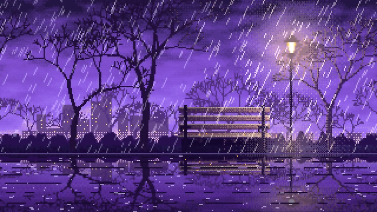 Purple Pixel Art Empty Bench in the Rain at Night desktop wallpaper in 4K