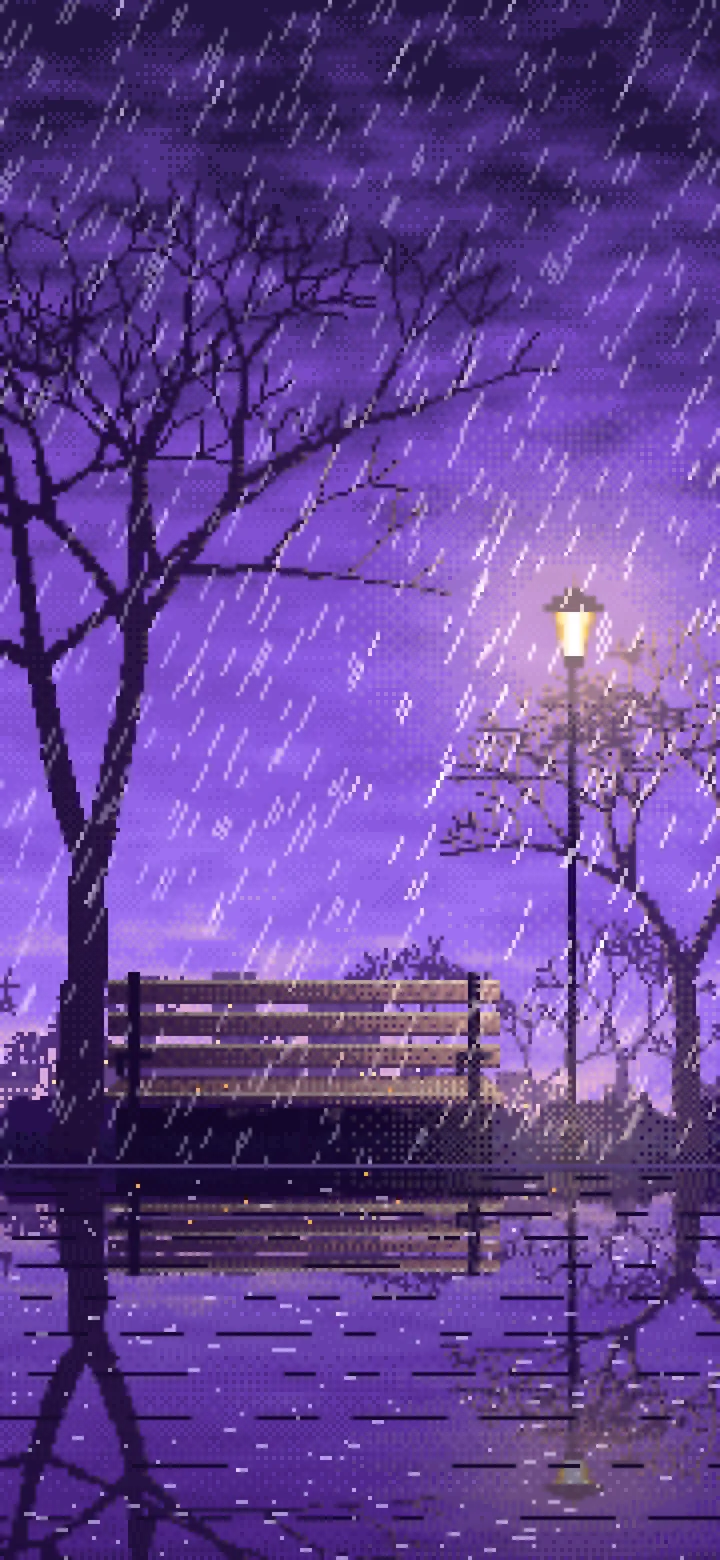 Purple Pixel Art Empty Bench in the Rain at Night wallpaper for iPhone and Android