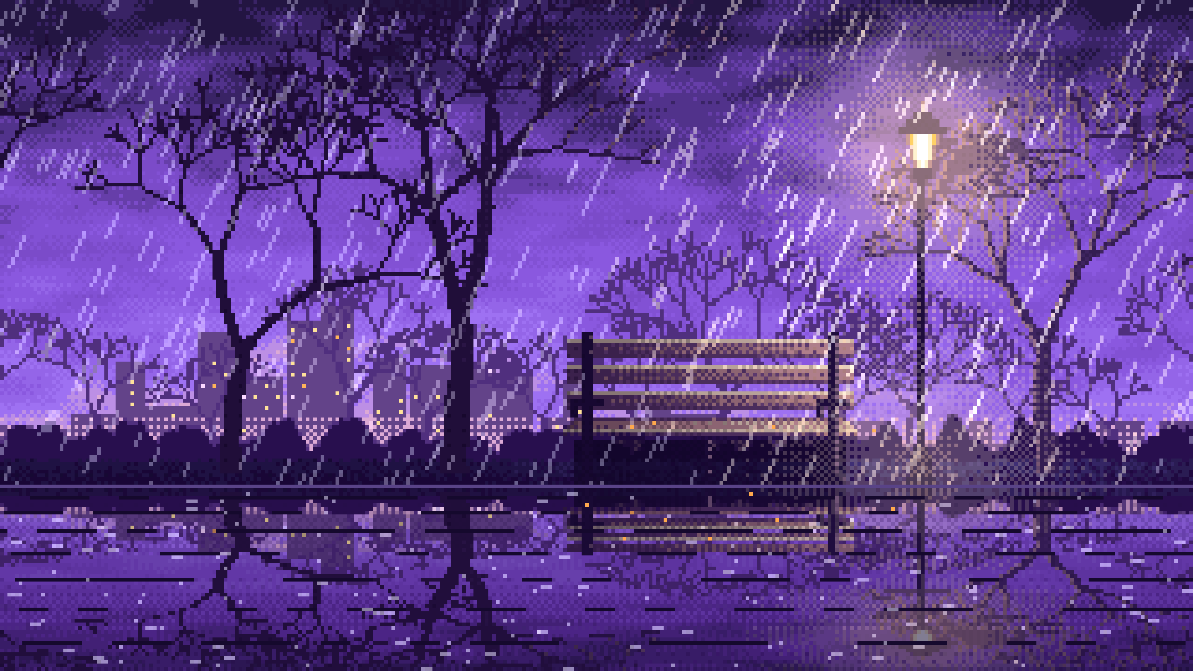 Purple Pixel Art Empty Bench in the Rain at Night desktop wallpaper in 4K