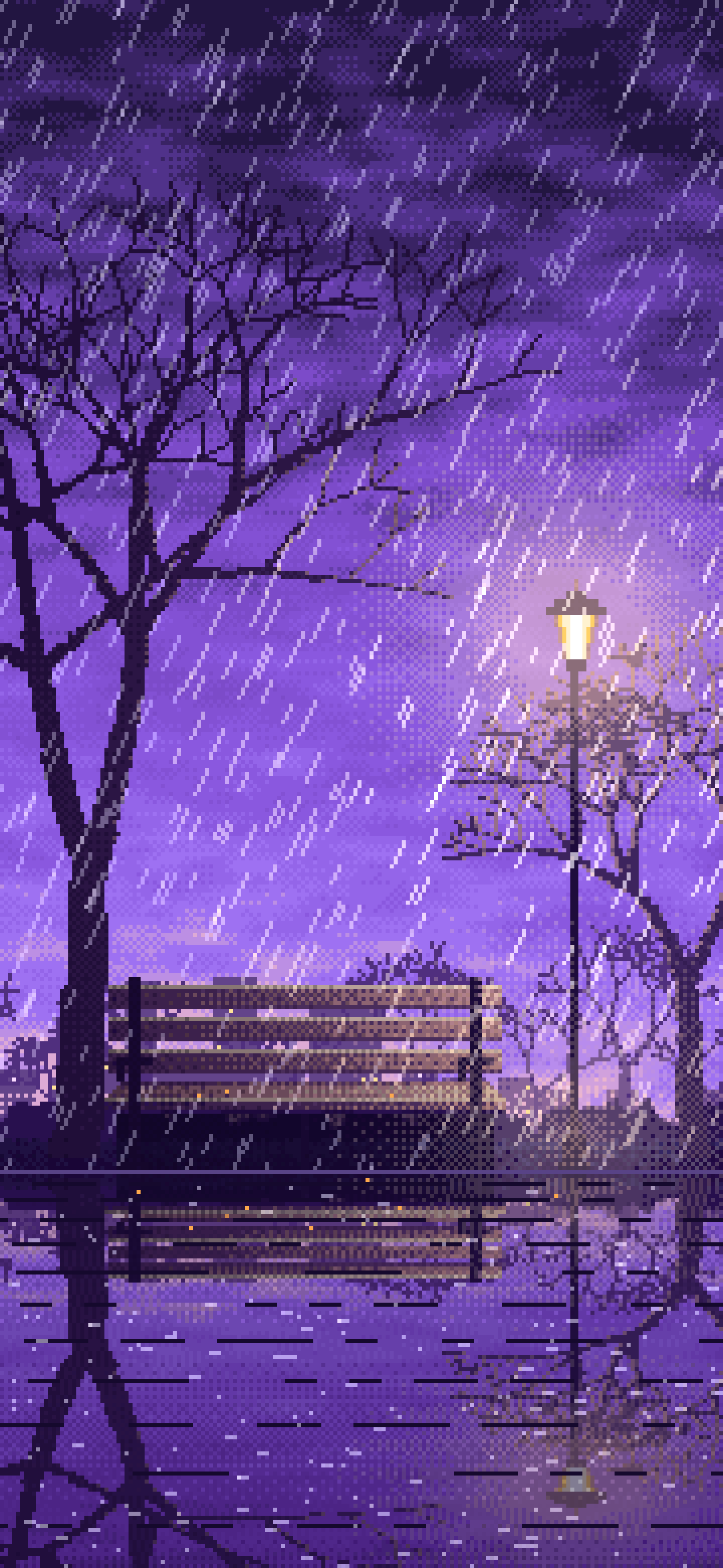 Purple Pixel Art Empty Bench in the Rain at Night wallpaper for iPhone and Android