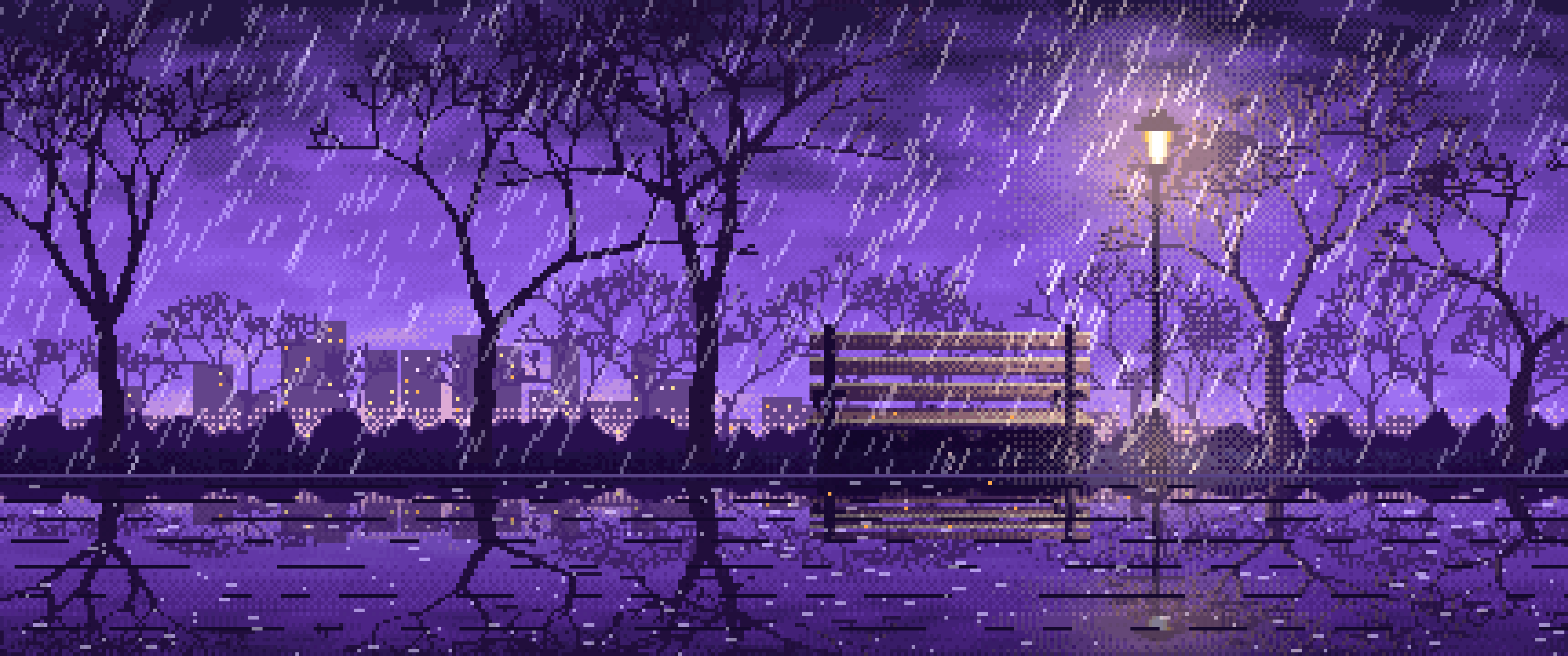 Purple Pixel Art Empty Bench in the Rain at Night ultrawide wallpaper, 3440 × 1440