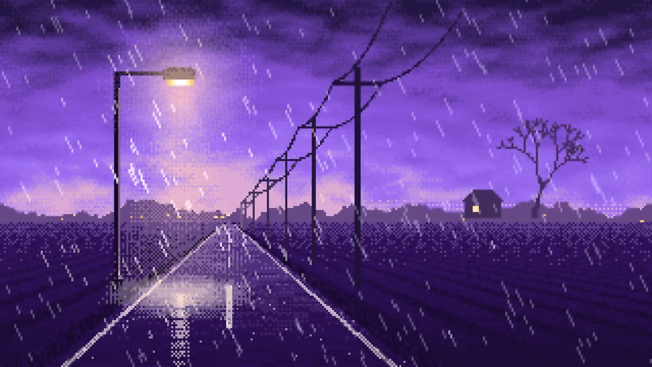 Purple Pixel Art Empty Road in the Rain at Night desktop wallpaper in 4K