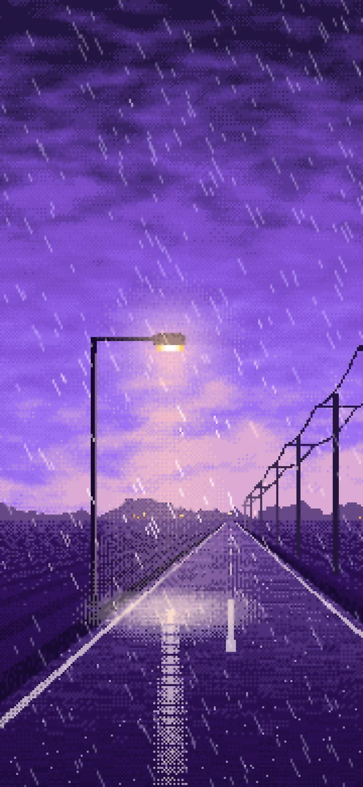 Purple Pixel Art Empty Road in the Rain at Night wallpaper for iPhone and Android