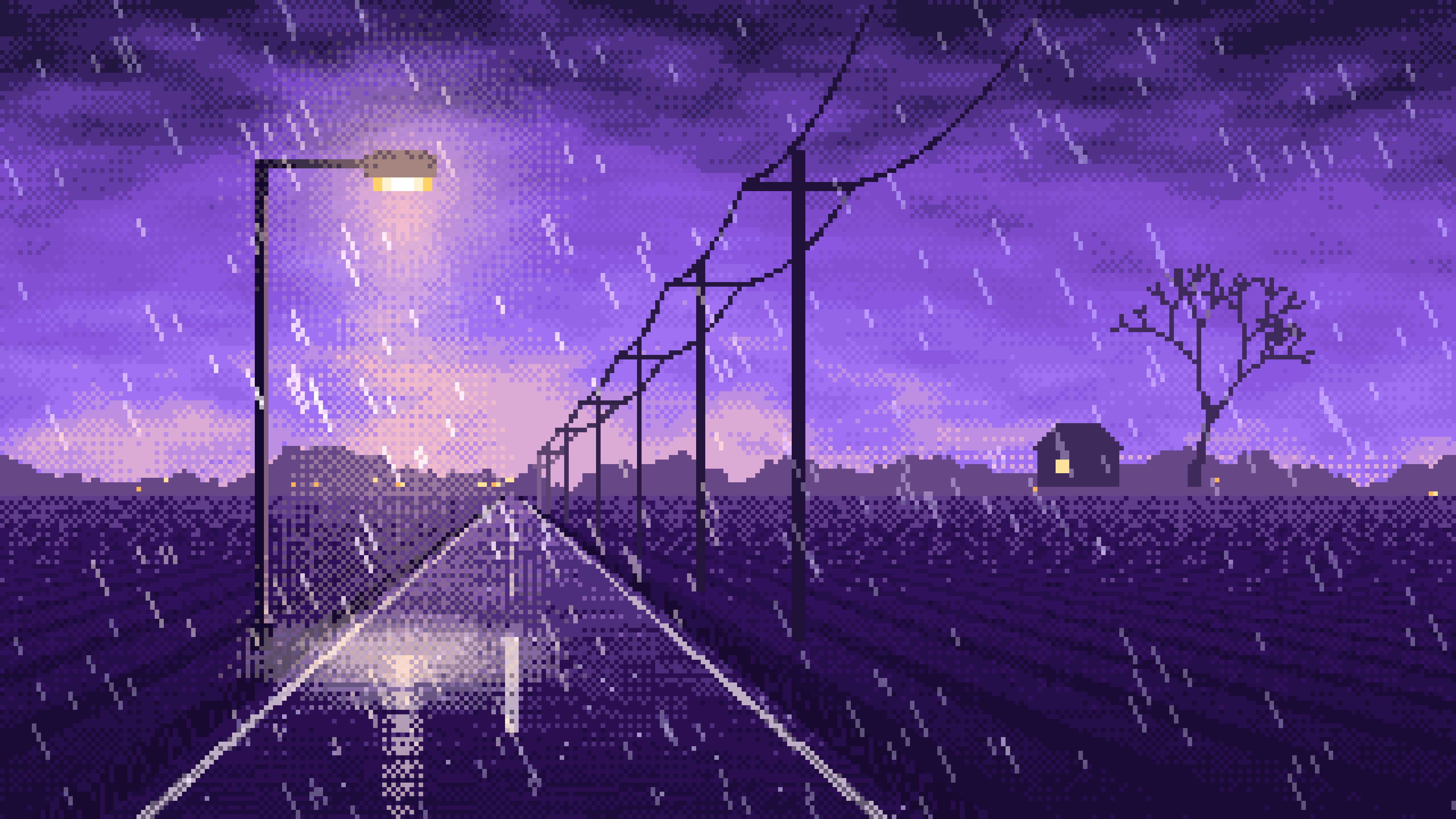 Purple Pixel Art Empty Road in the Rain at Night desktop wallpaper in 4K
