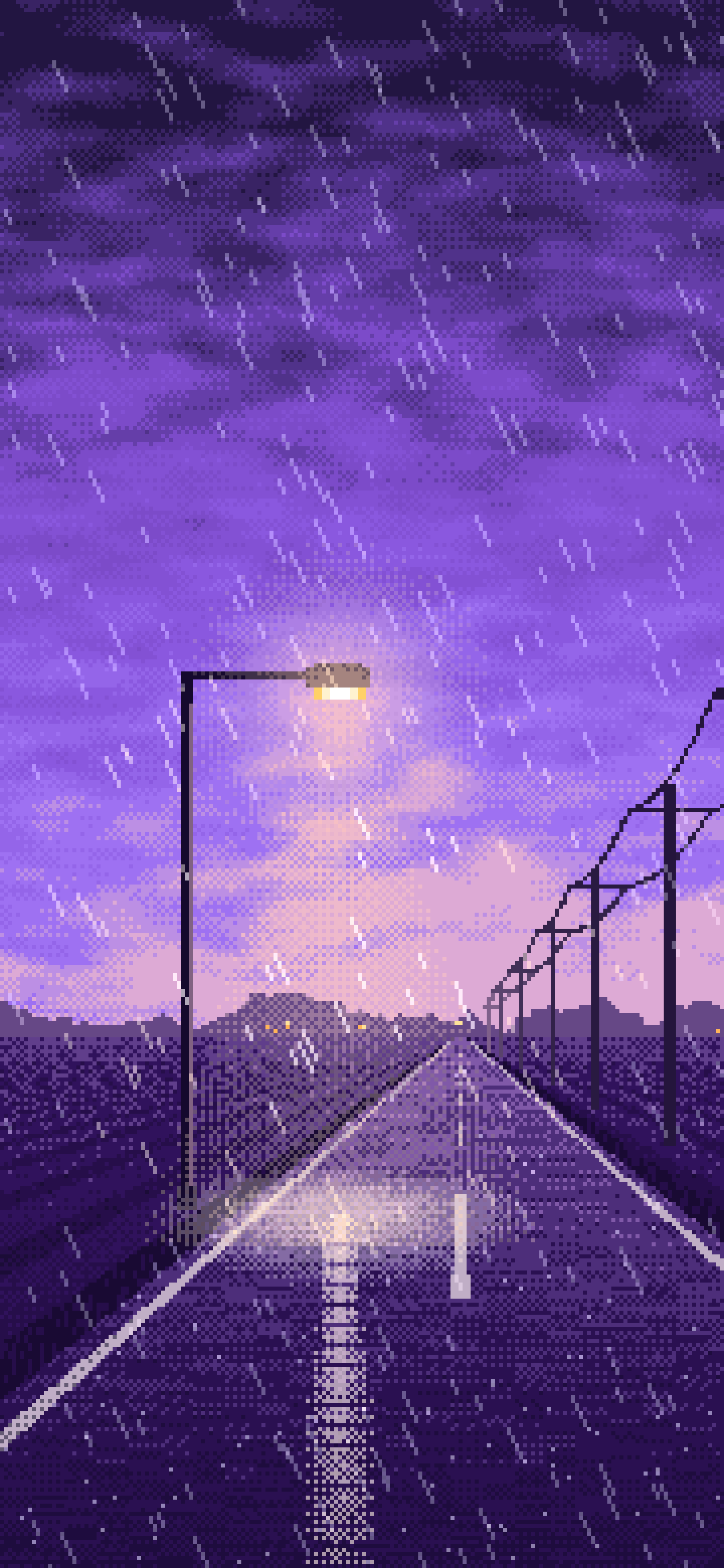 Purple Pixel Art Empty Road in the Rain at Night wallpaper for iPhone and Android