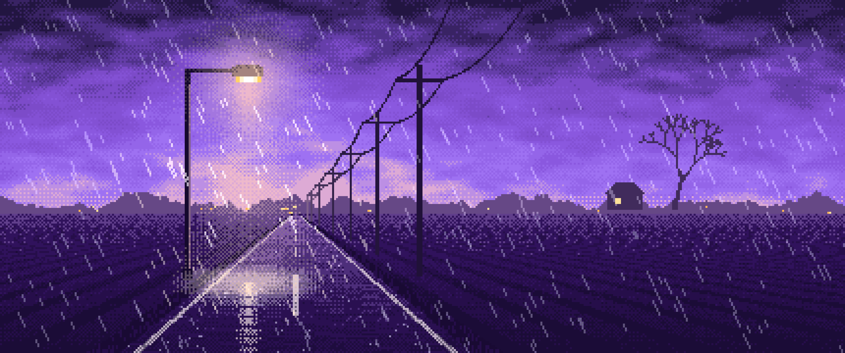 Purple Pixel Art Empty Road in the Rain at Night ultrawide wallpaper, 3440 × 1440
