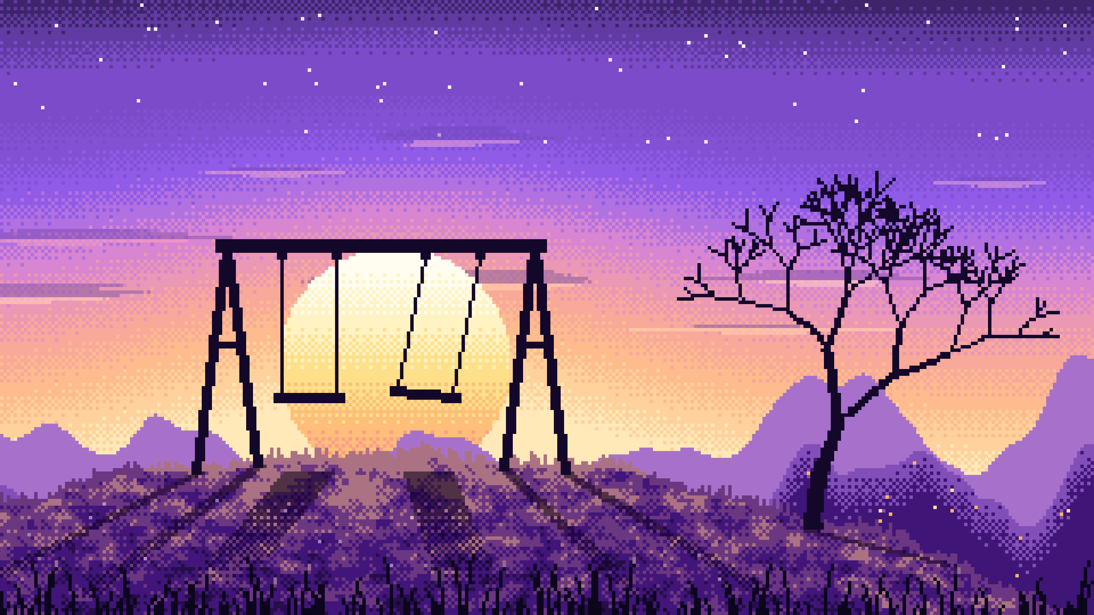 Purple Pixel Art Empty Swing at Dusk desktop wallpaper in 4K