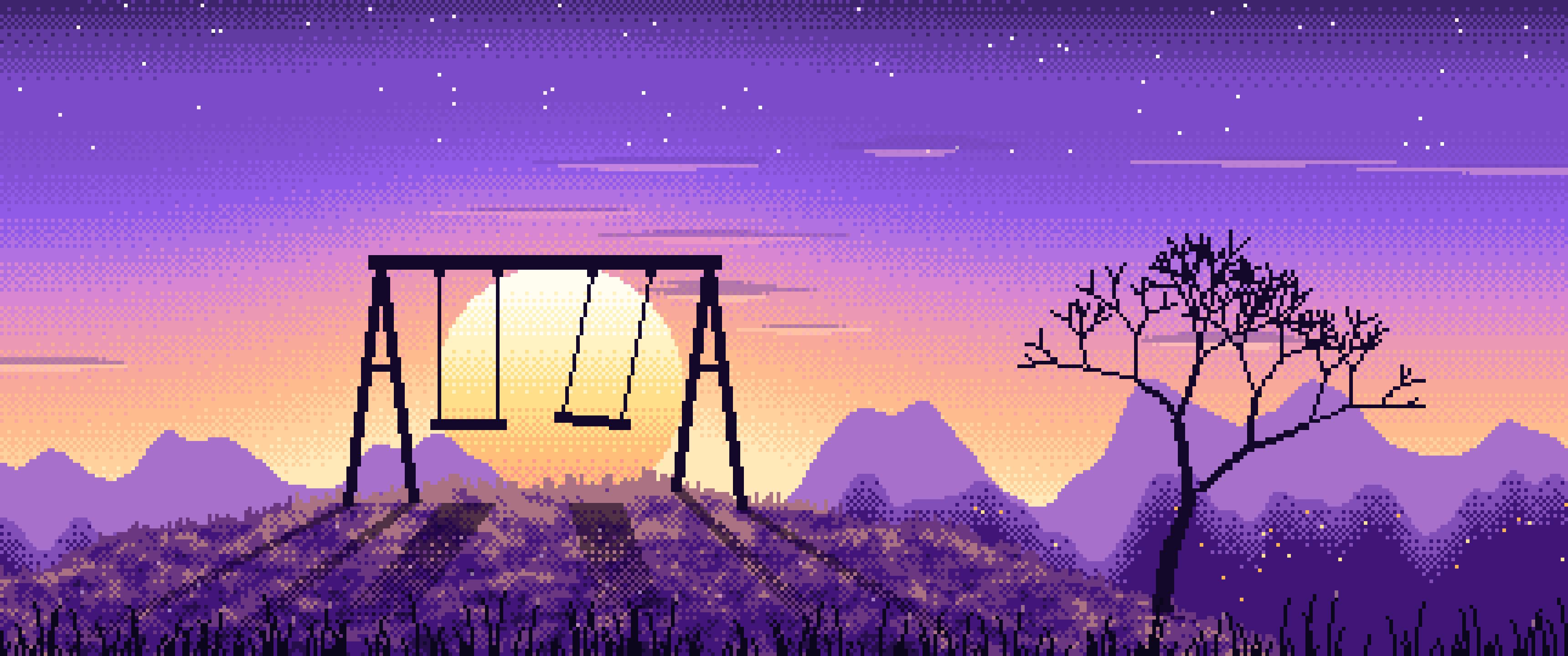 Purple Pixel Art Empty Swing at Dusk ultrawide wallpaper, 3440 × 1440