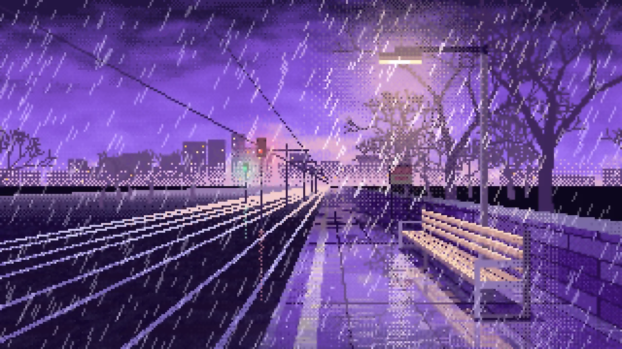 Purple Pixel Art Empty Train Platform in the Rain desktop wallpaper in 4K