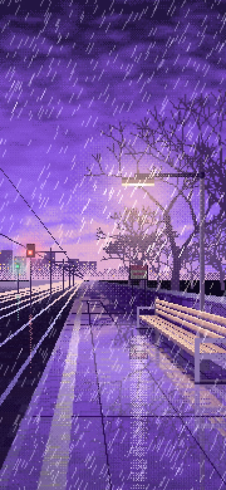 Purple Pixel Art Empty Train Platform in the Rain wallpaper for iPhone and Android