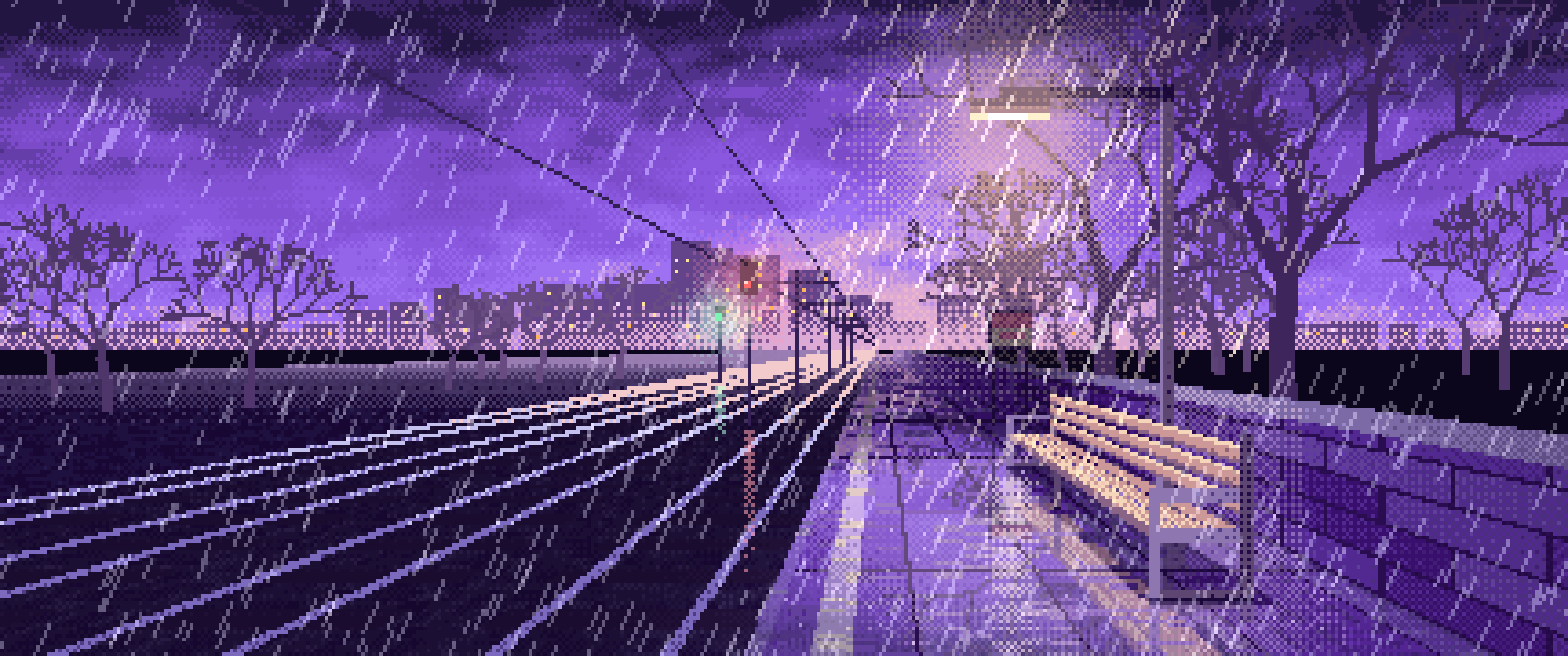 Purple Pixel Art Empty Train Platform in the Rain ultrawide wallpaper, 3440 × 1440