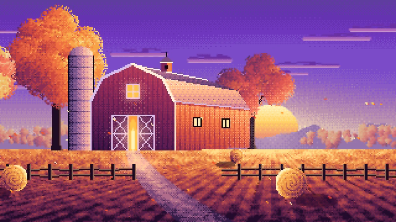 Purple Pixel Art Fall Barn at Sunset desktop wallpaper in 4K