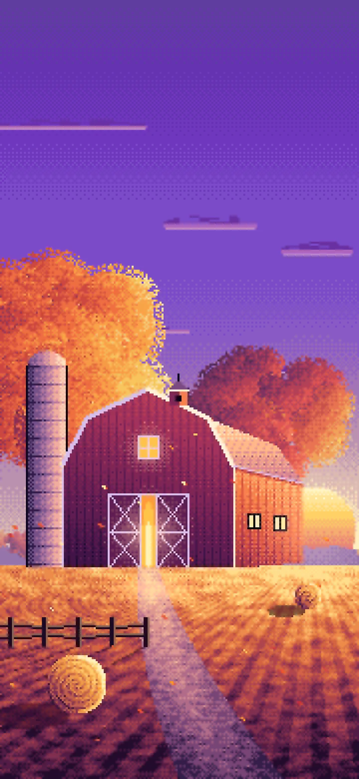 Purple Pixel Art Fall Barn at Sunset wallpaper for iPhone and Android
