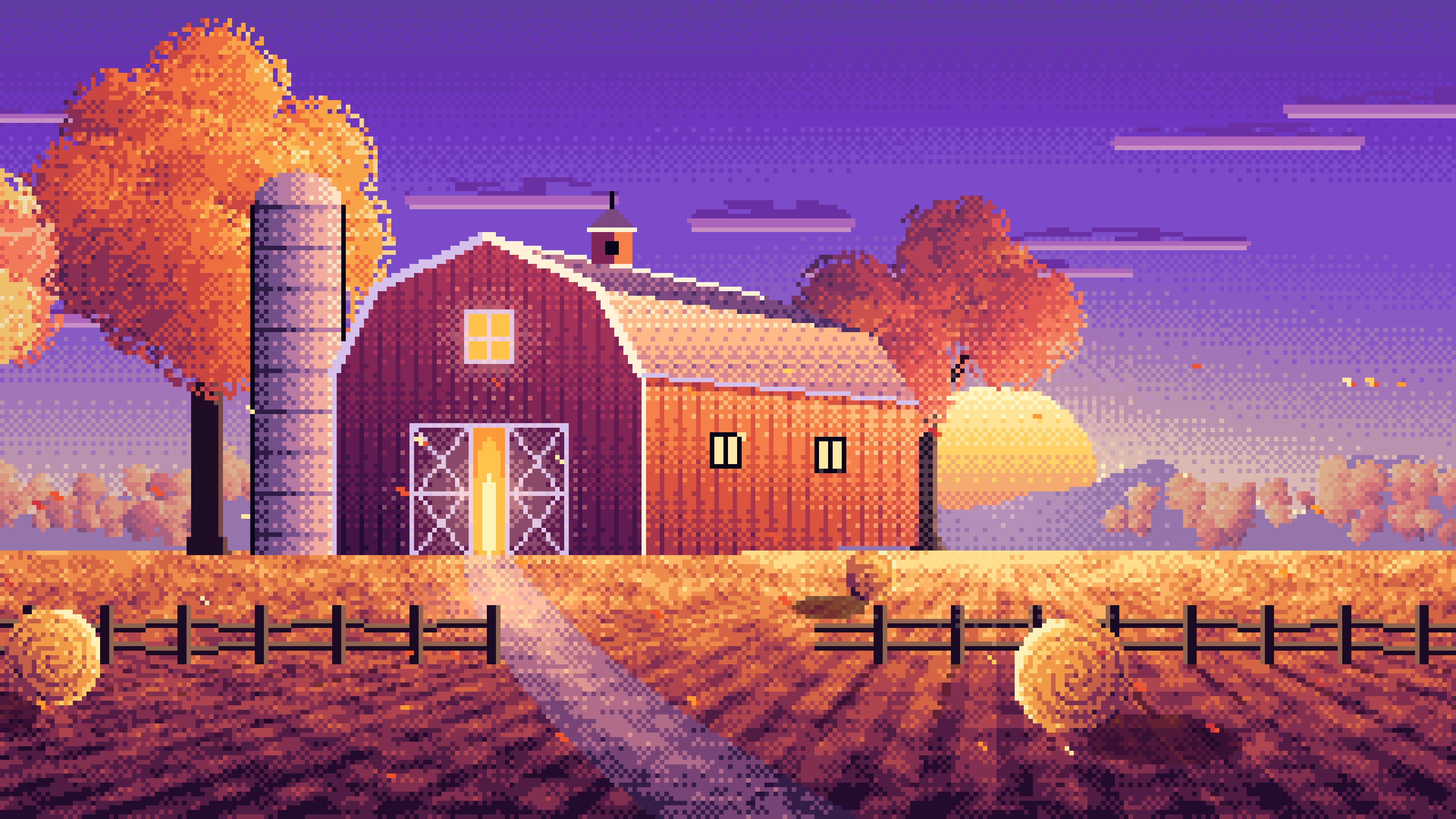 Purple Pixel Art Fall Barn at Sunset desktop wallpaper in 4K