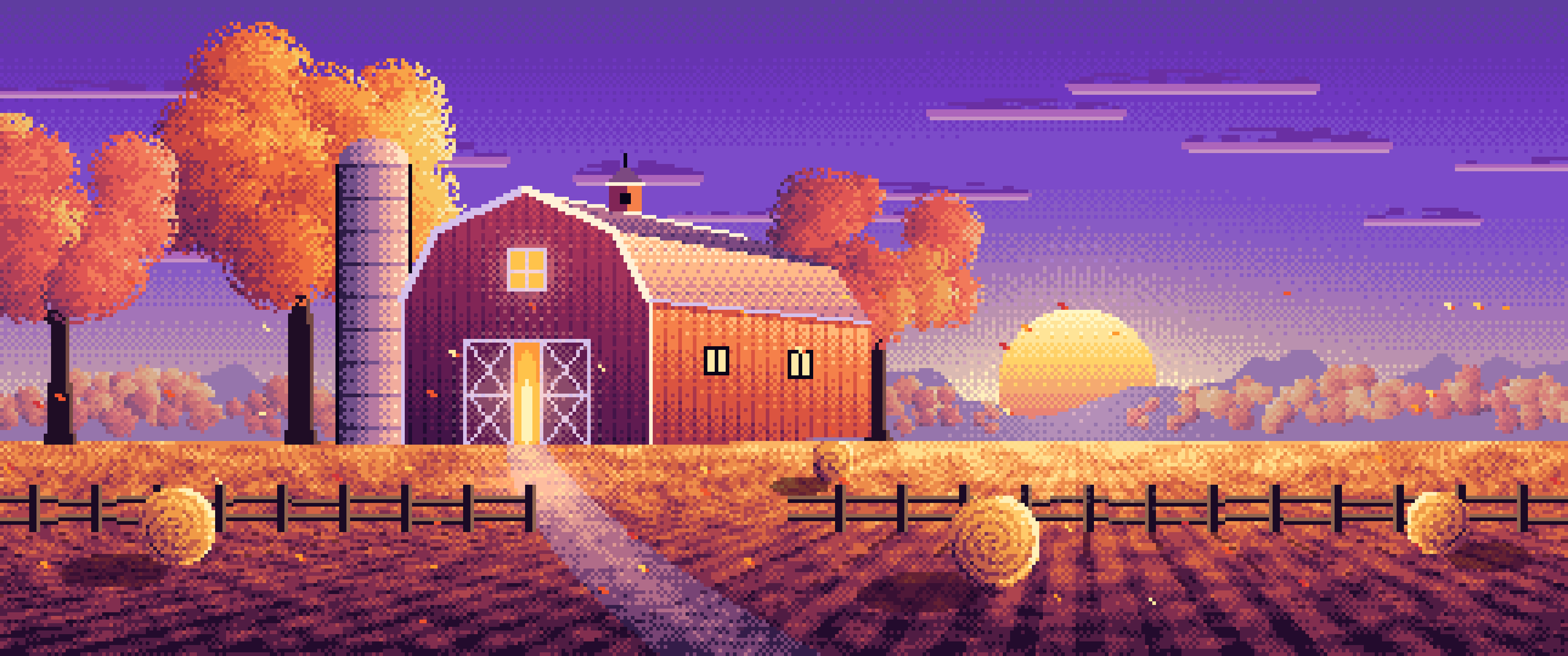 Purple Pixel Art Fall Barn at Sunset ultrawide wallpaper, 3440 × 1440
