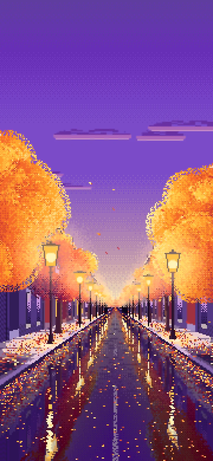 Purple Pixel Art Fall City Street wallpaper for iPhone and Android