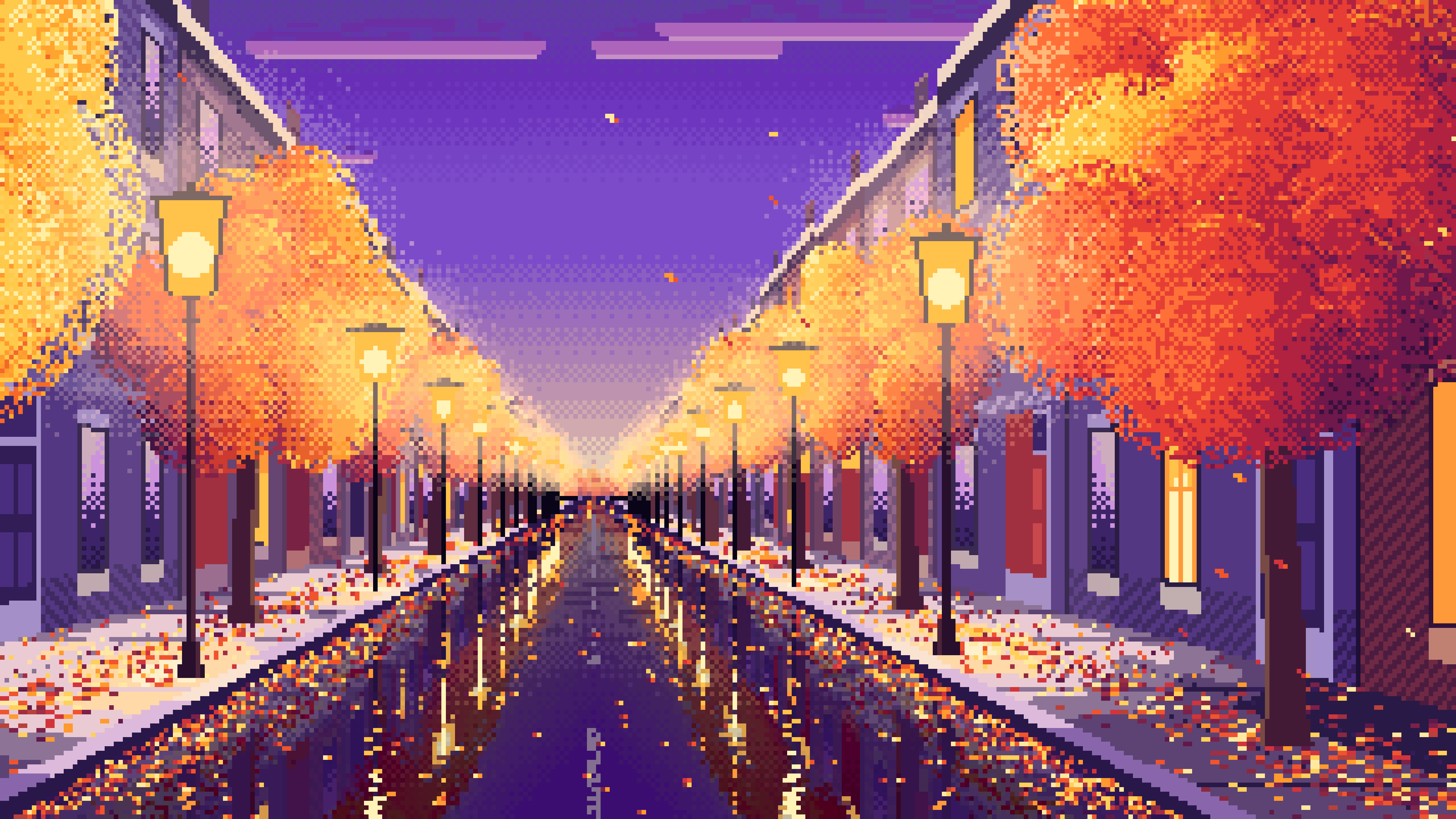 Purple Pixel Art Fall City Street desktop wallpaper in 4K