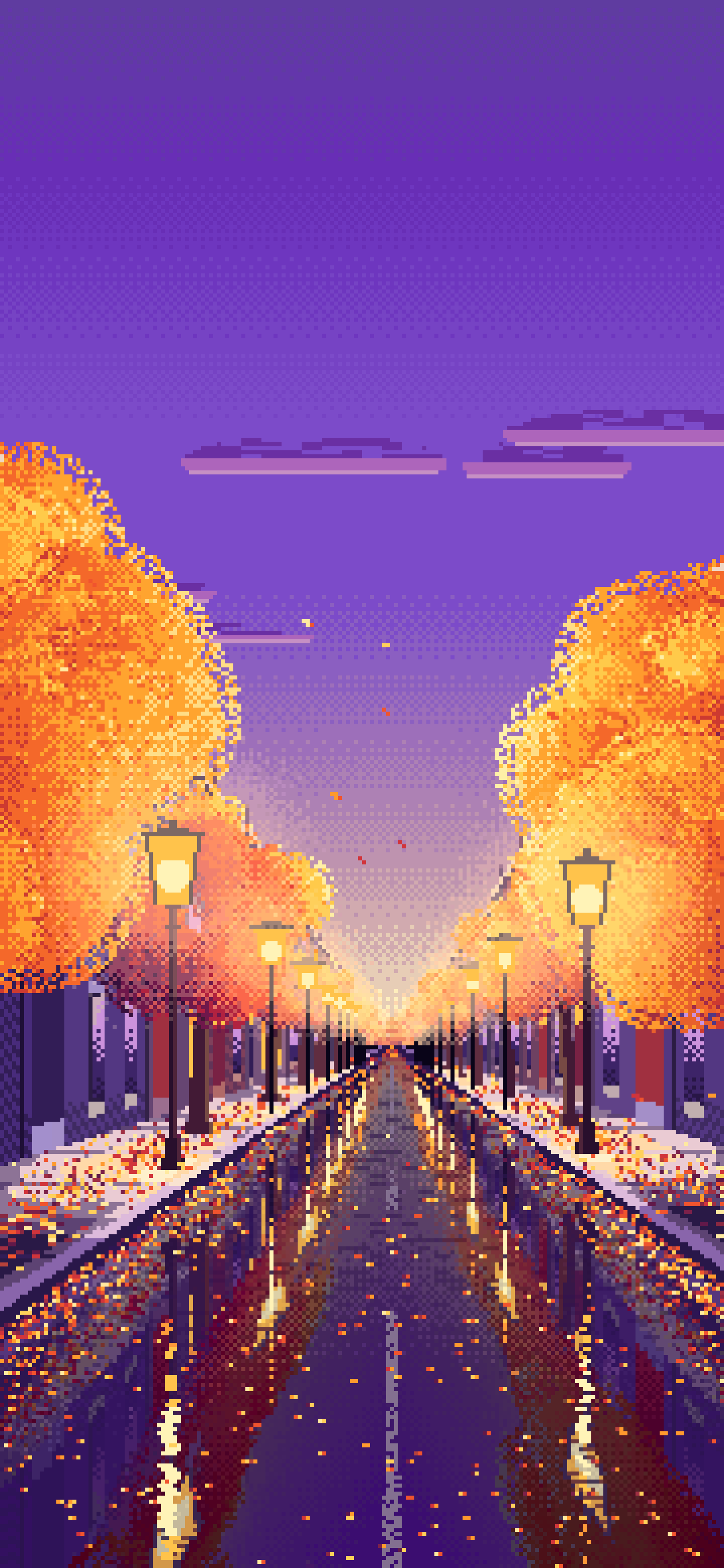 Purple Pixel Art Fall City Street wallpaper for iPhone and Android