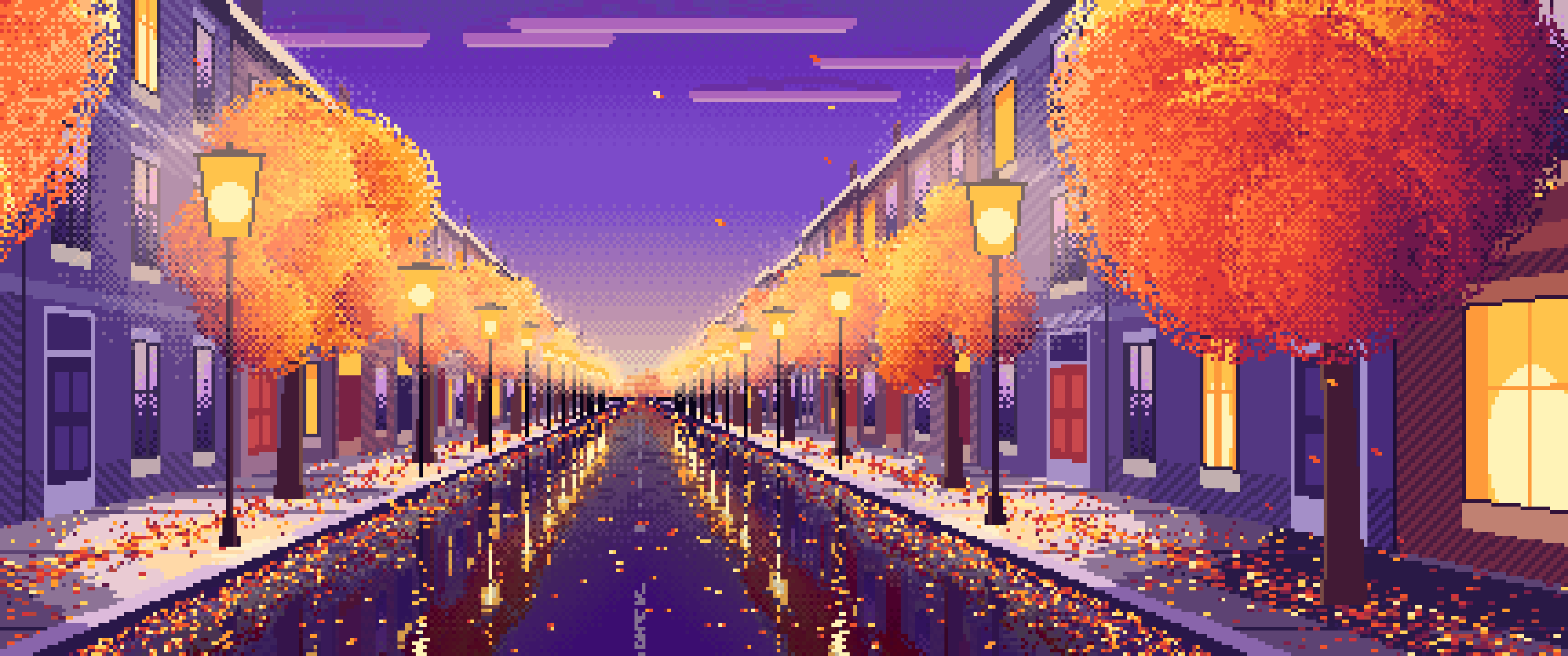 Purple Pixel Art Fall City Street ultrawide wallpaper, 3440 × 1440
