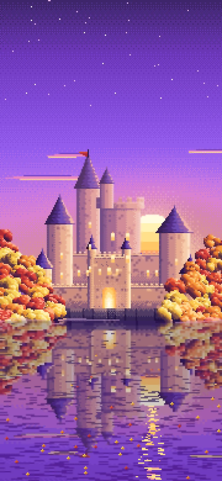 Purple Pixel Art Fall Fantasy Castle on a Lake wallpaper for iPhone and Android