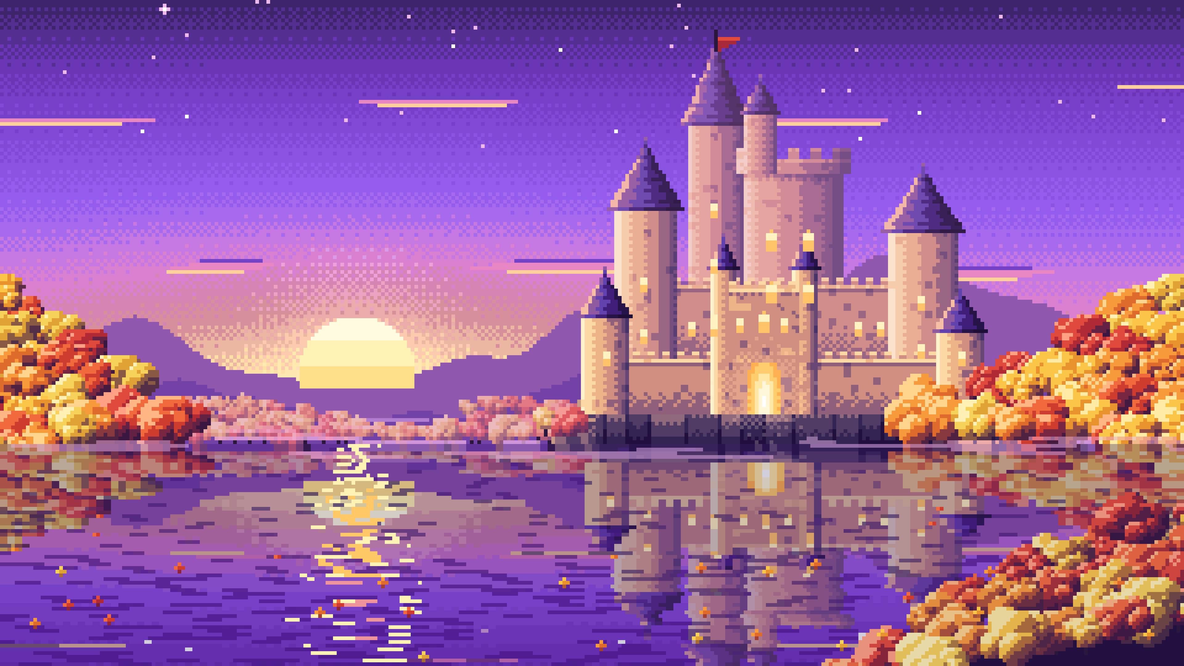 Purple Pixel Art Fall Fantasy Castle on a Lake desktop wallpaper in 4K