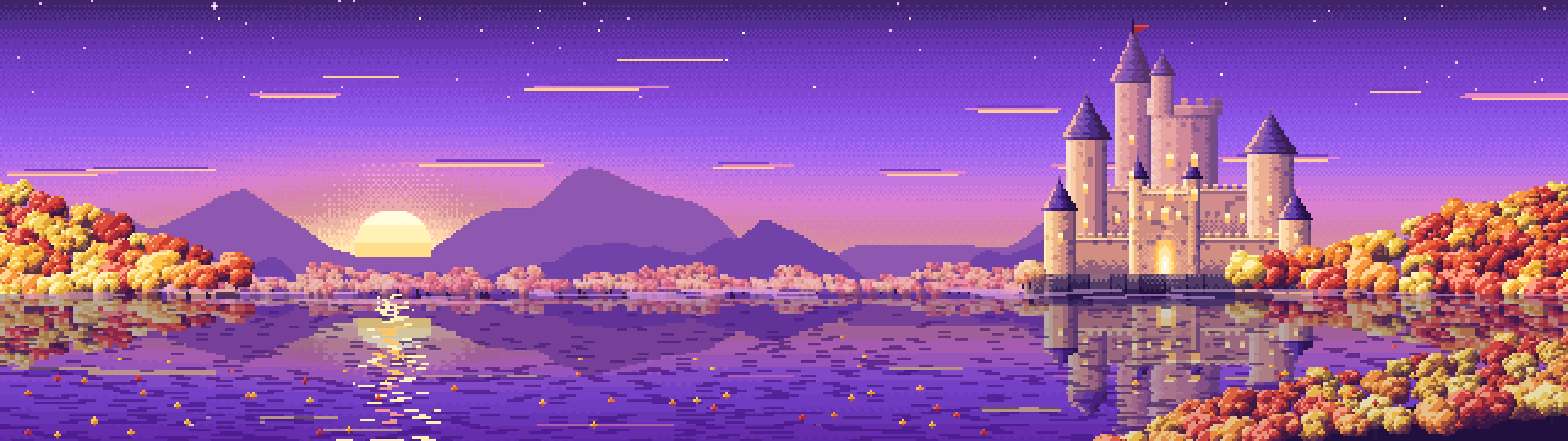 Purple Pixel Art Fall Fantasy Castle on a Lake dual monitor wallpaper, 7680 × 2160