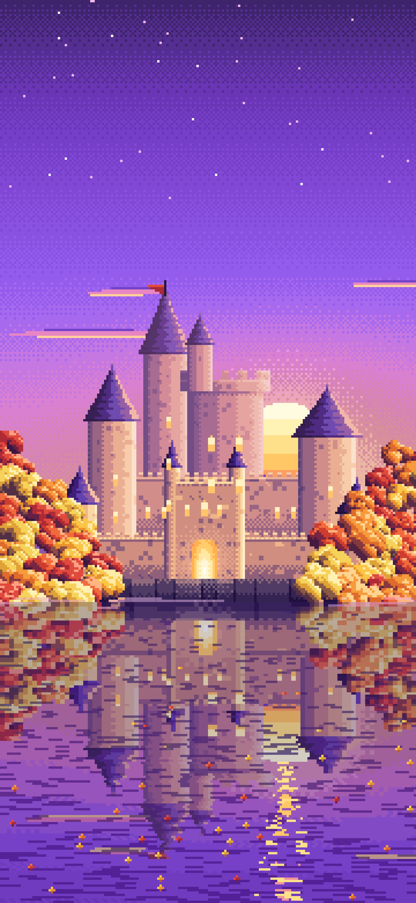 Purple Pixel Art Fall Fantasy Castle on a Lake wallpaper for iPhone and Android